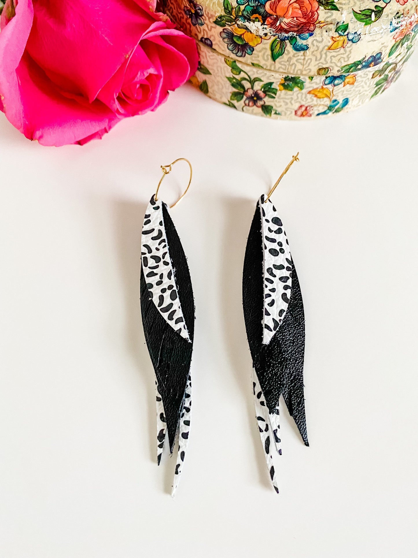 Leather Fringe Feather Earrings, Black White Leopard Print Earrings, Gold Statement Hoop Earrings, Long Feather Earrings, Maximalist Earring