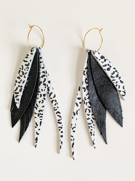 Leather Fringe Feather Earrings, Black White Leopard Print Earrings, Gold Statement Hoop Earrings, Long Feather Earrings, Maximalist Earring