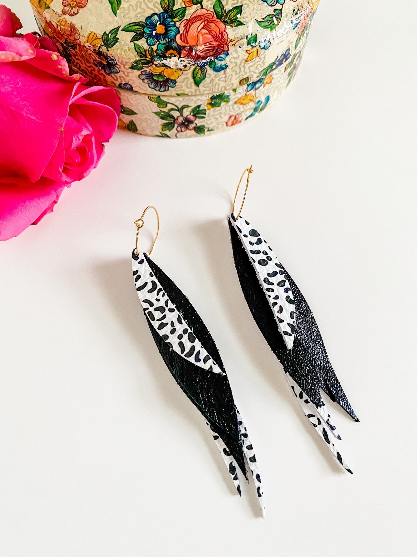 Leather Fringe Feather Earrings, Black White Leopard Print Earrings, Gold Statement Hoop Earrings, Long Feather Earrings, Maximalist Earring