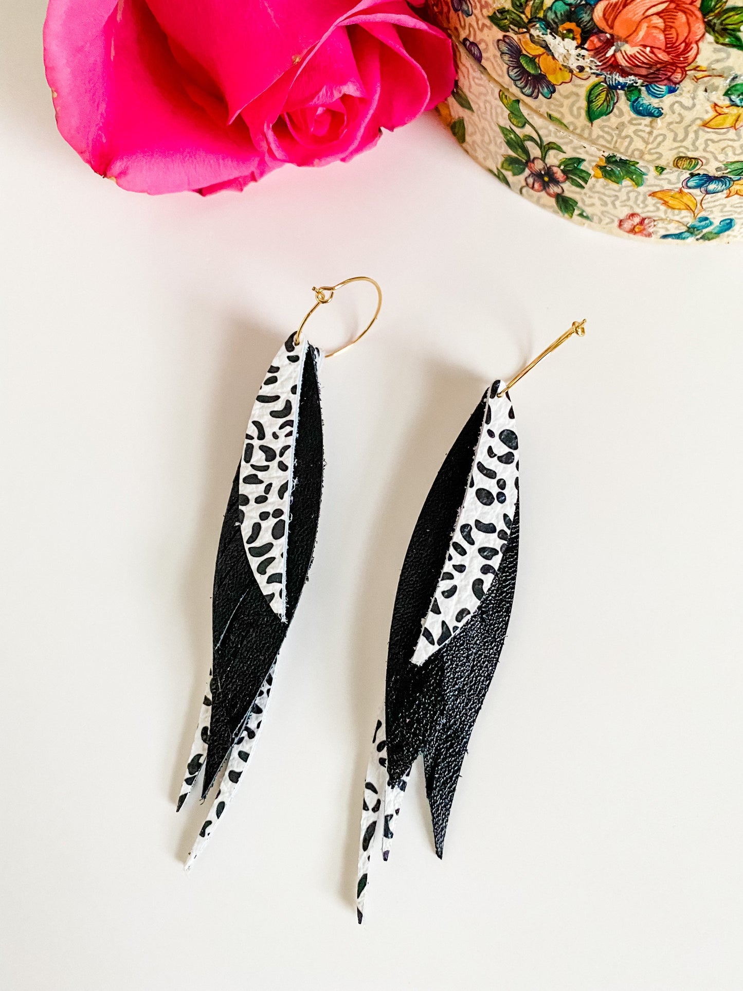 Leather Fringe Feather Earrings, Black White Leopard Print Earrings, Gold Statement Hoop Earrings, Long Feather Earrings, Maximalist Earring