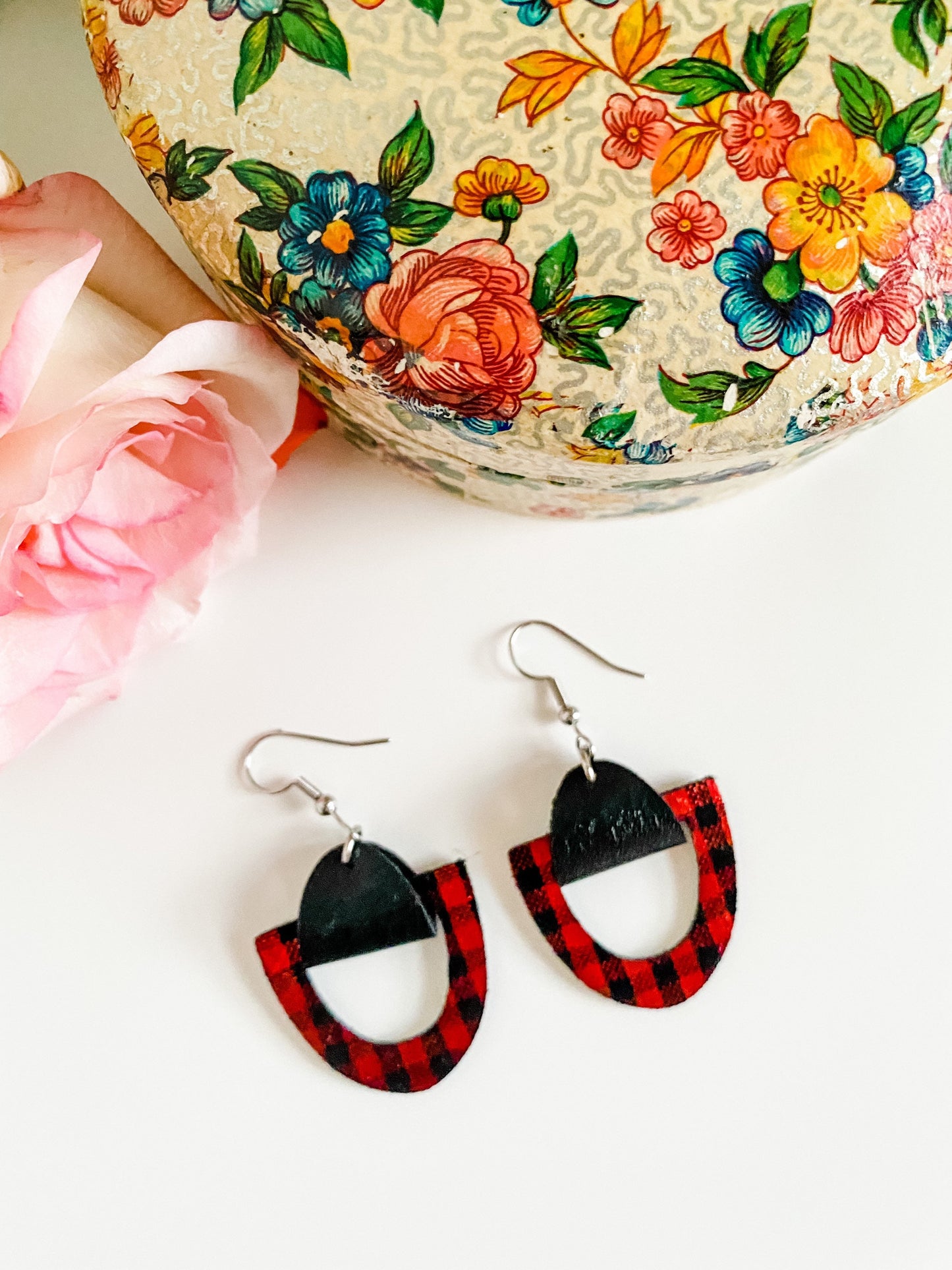 Buffalo Plaid Earrings, Metallic Plaid Leather, Geometric Cutout Earrings, Red and Black Plaid Earrings,  Holiday Earrings, Small Earrings