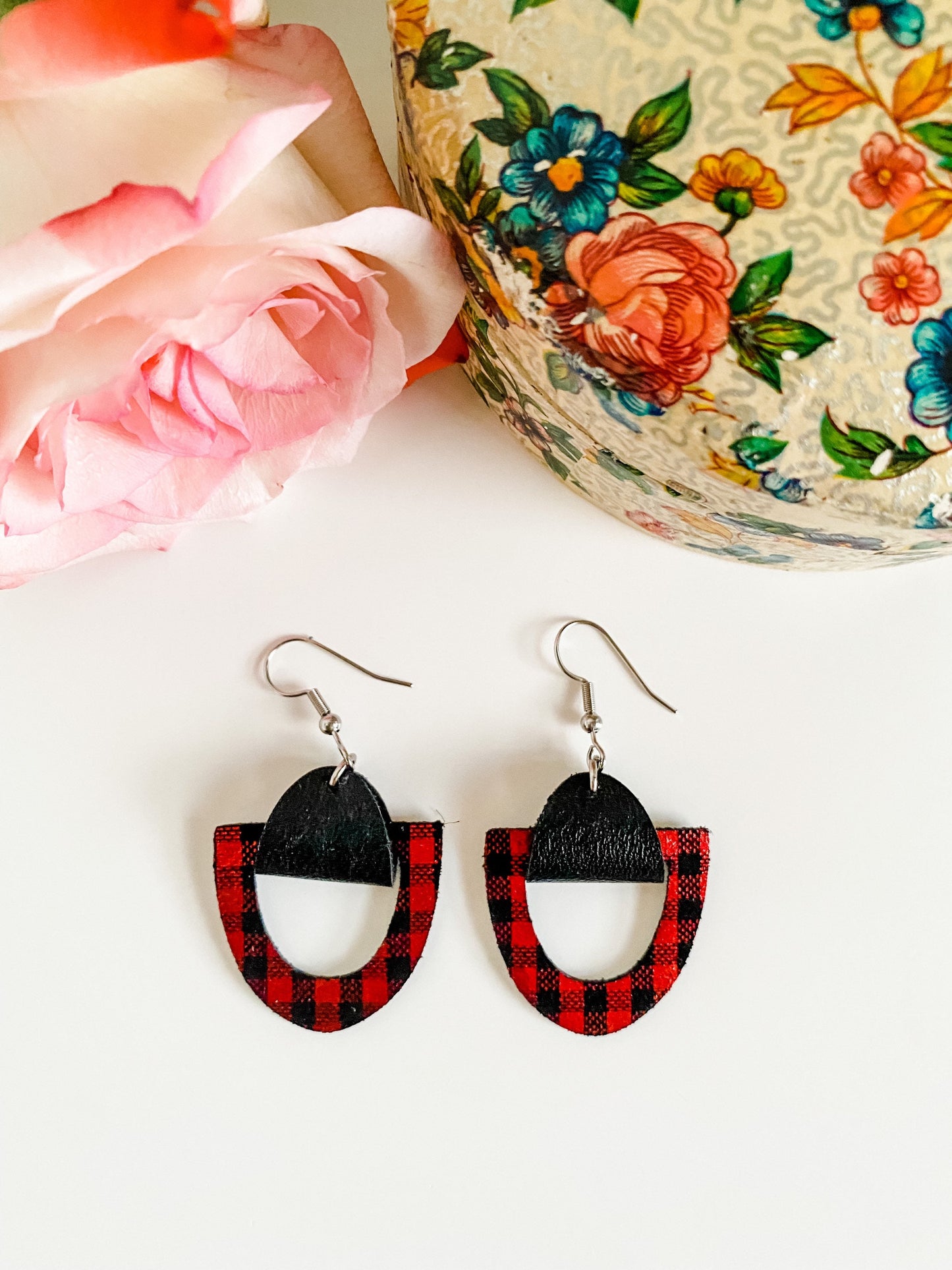 Buffalo Plaid Earrings, Metallic Plaid Leather, Geometric Cutout Earrings, Red and Black Plaid Earrings,  Holiday Earrings, Small Earrings