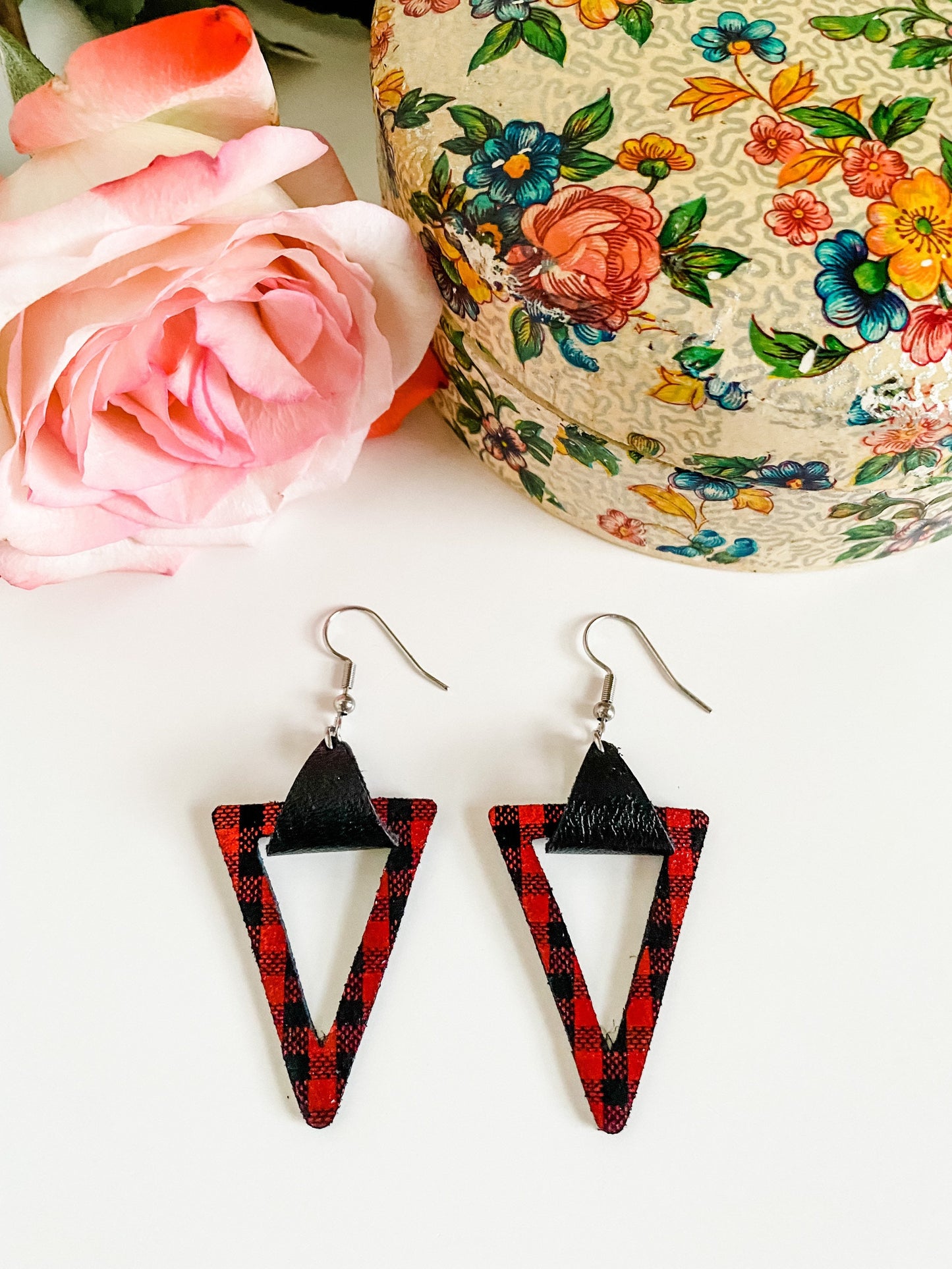 Buffalo Plaid Earrings, Metallic Plaid Leather, Geometric Cutout Earrings, Red and Black Plaid Earrings,  Holiday Earrings, Small Earrings