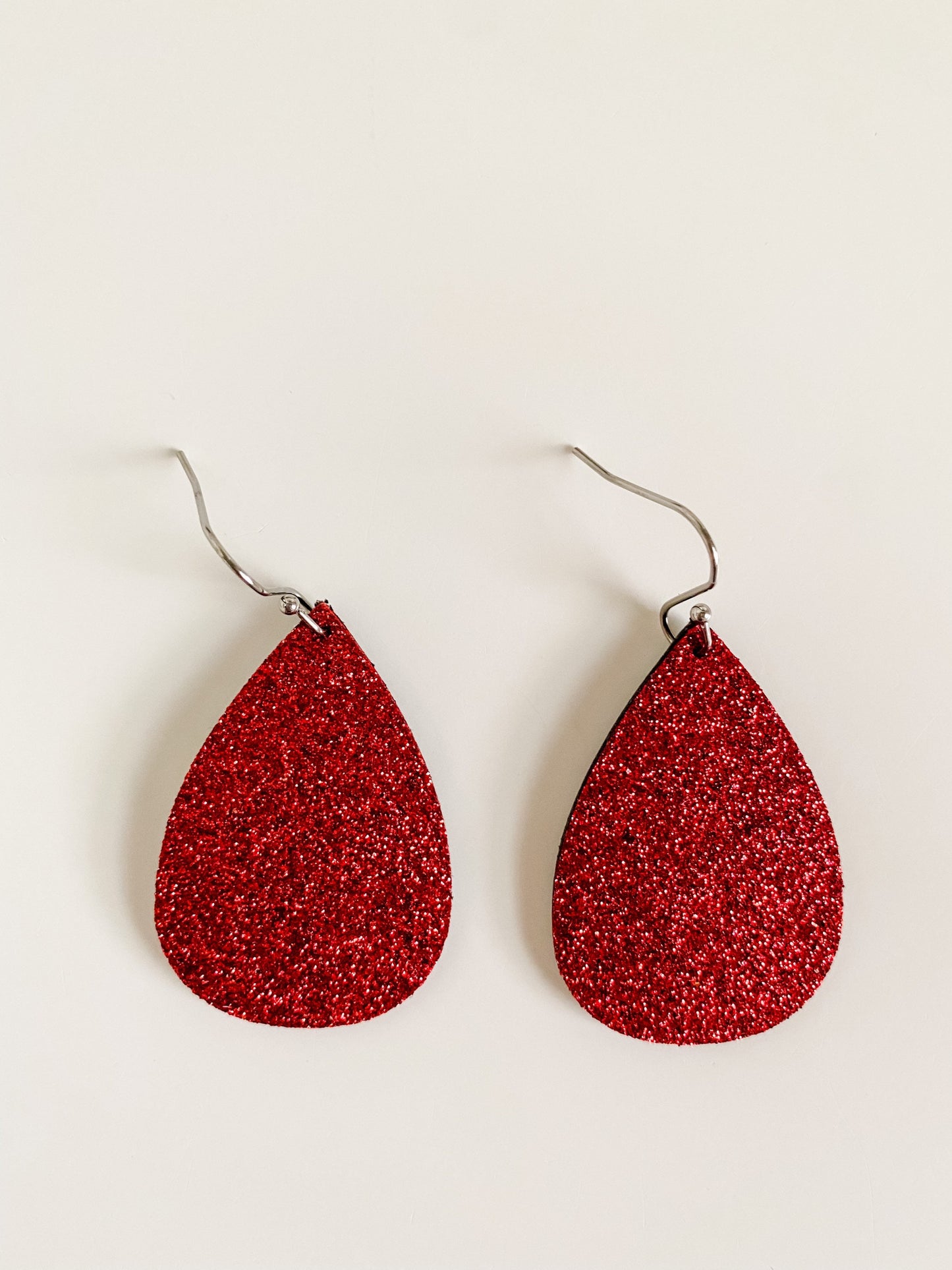 Red Glitter Teardrop Earrings, Leather Teardrop Earrings, Bling Holiday Earrings, Holiday Party Earrings, Simple Earrings, Gift for Her