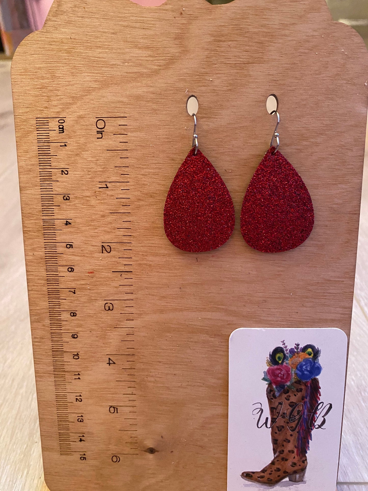 Red Glitter Teardrop Earrings, Leather Teardrop Earrings, Bling Holiday Earrings, Holiday Party Earrings, Simple Earrings, Gift for Her