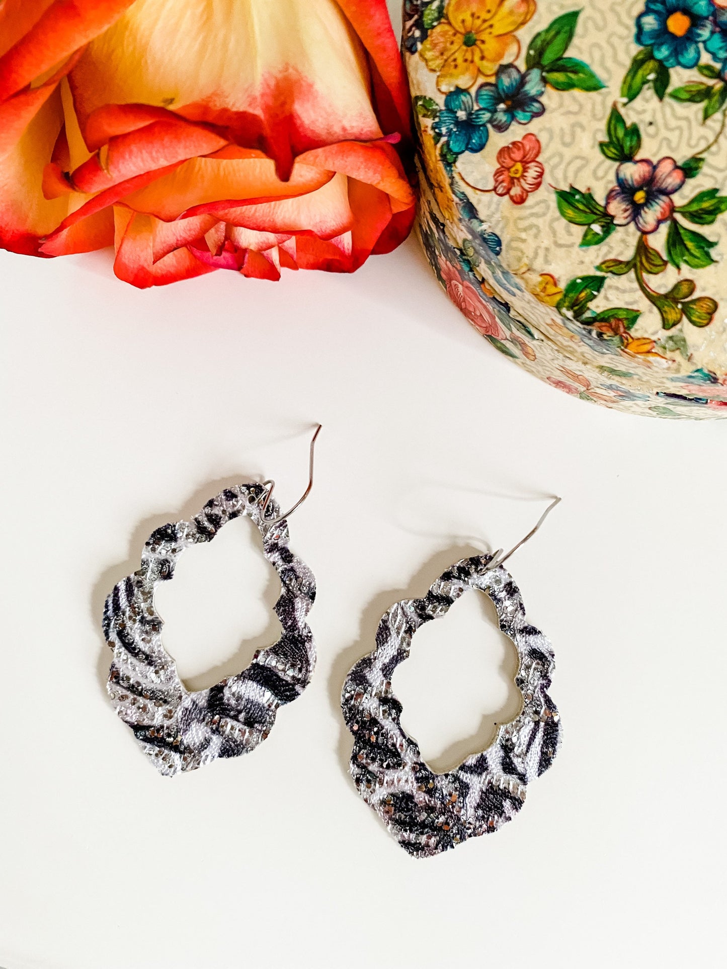 Black and White Glitter Lace Earrings, Black and White Animal Print Earrings, Whimsigoth Earrings, Party Earrings, Scalloped Leaf Earrings