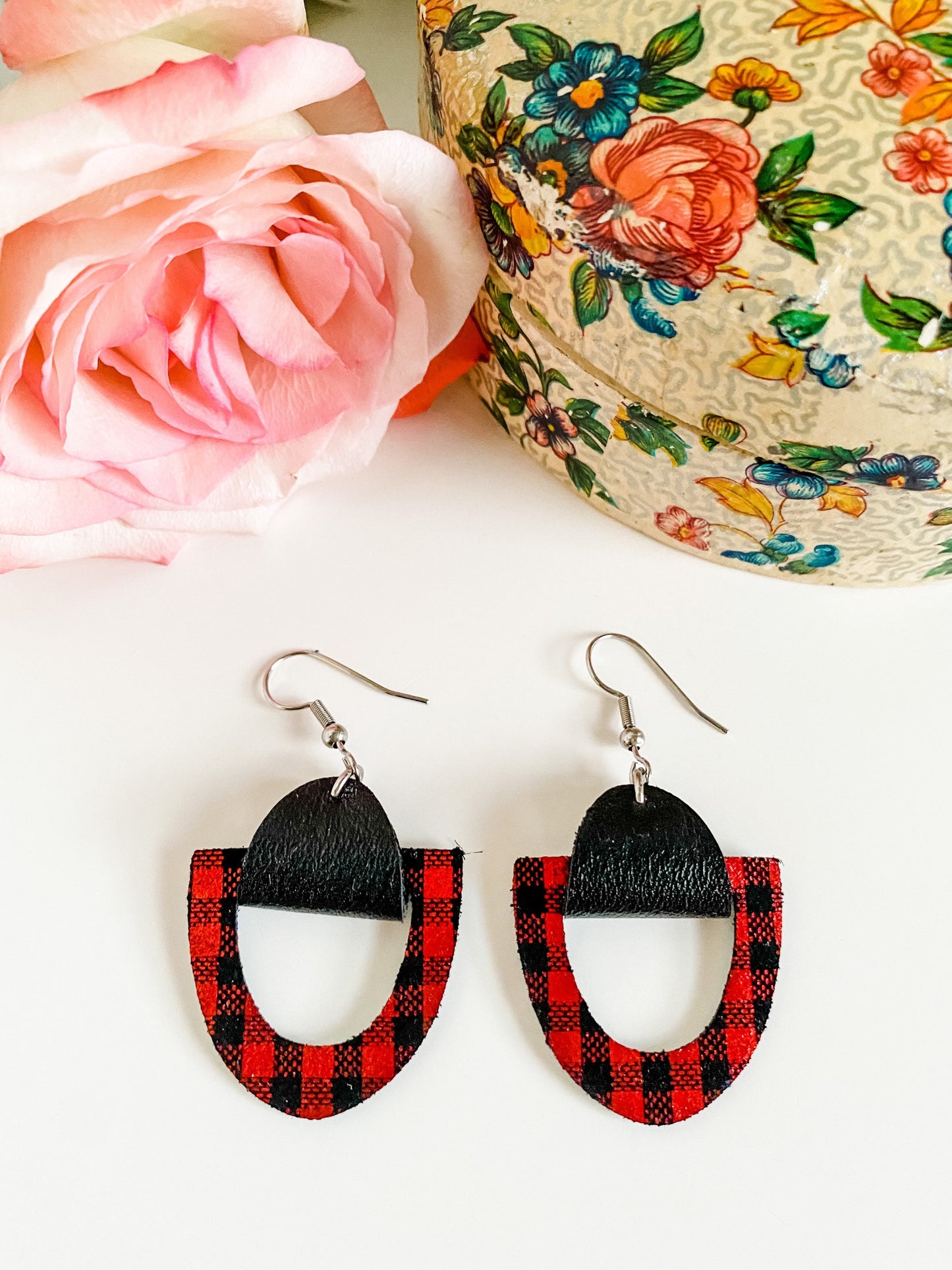 Buffalo Plaid Earrings, Metallic Plaid Leather, Geometric Cutout Earrings, Red and Black Plaid Earrings,  Holiday Earrings, Small Earrings