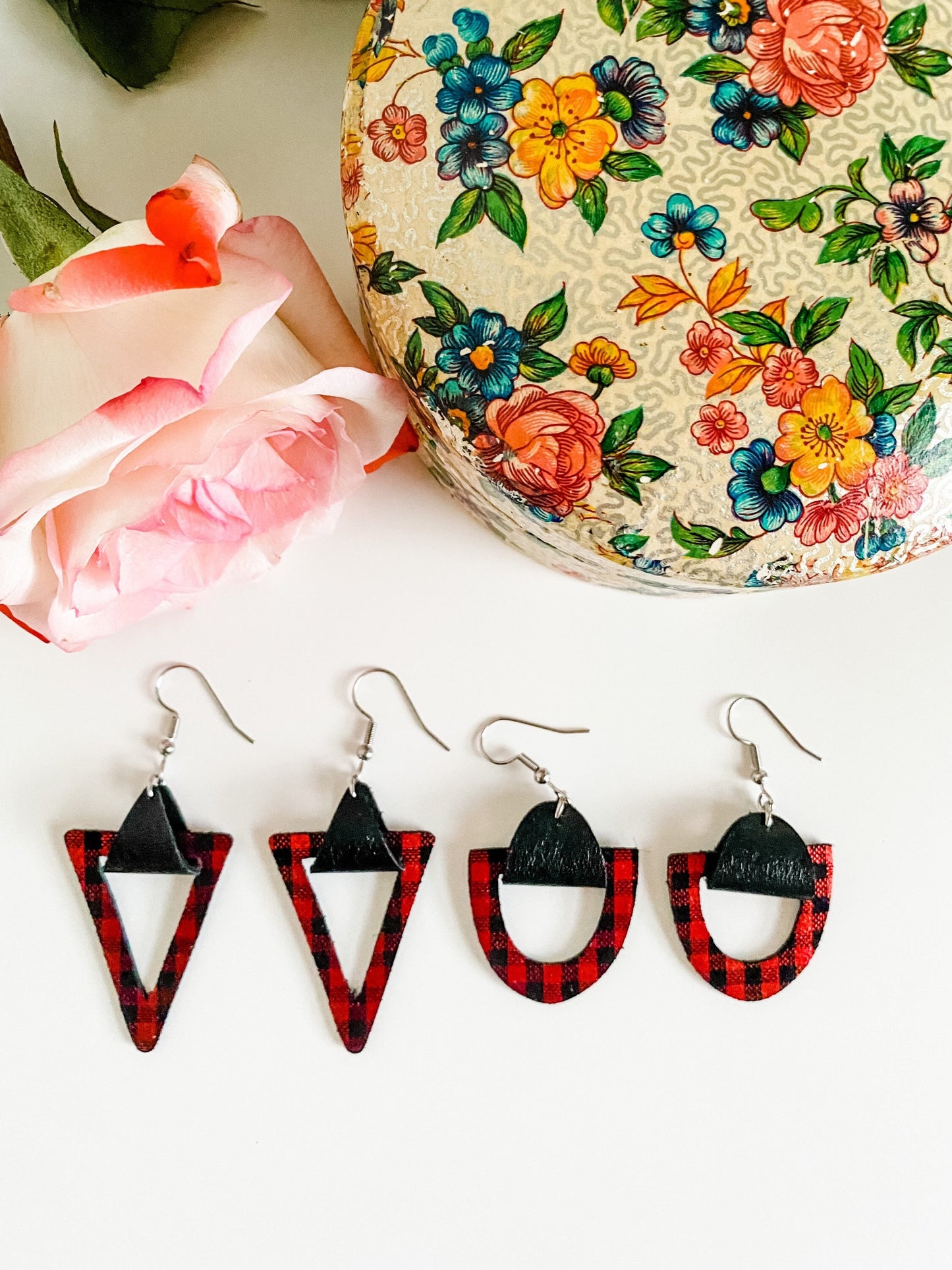 Buffalo Plaid Earrings, Metallic Plaid Leather, Geometric Cutout Earrings, Red and Black Plaid Earrings,  Holiday Earrings, Small Earrings