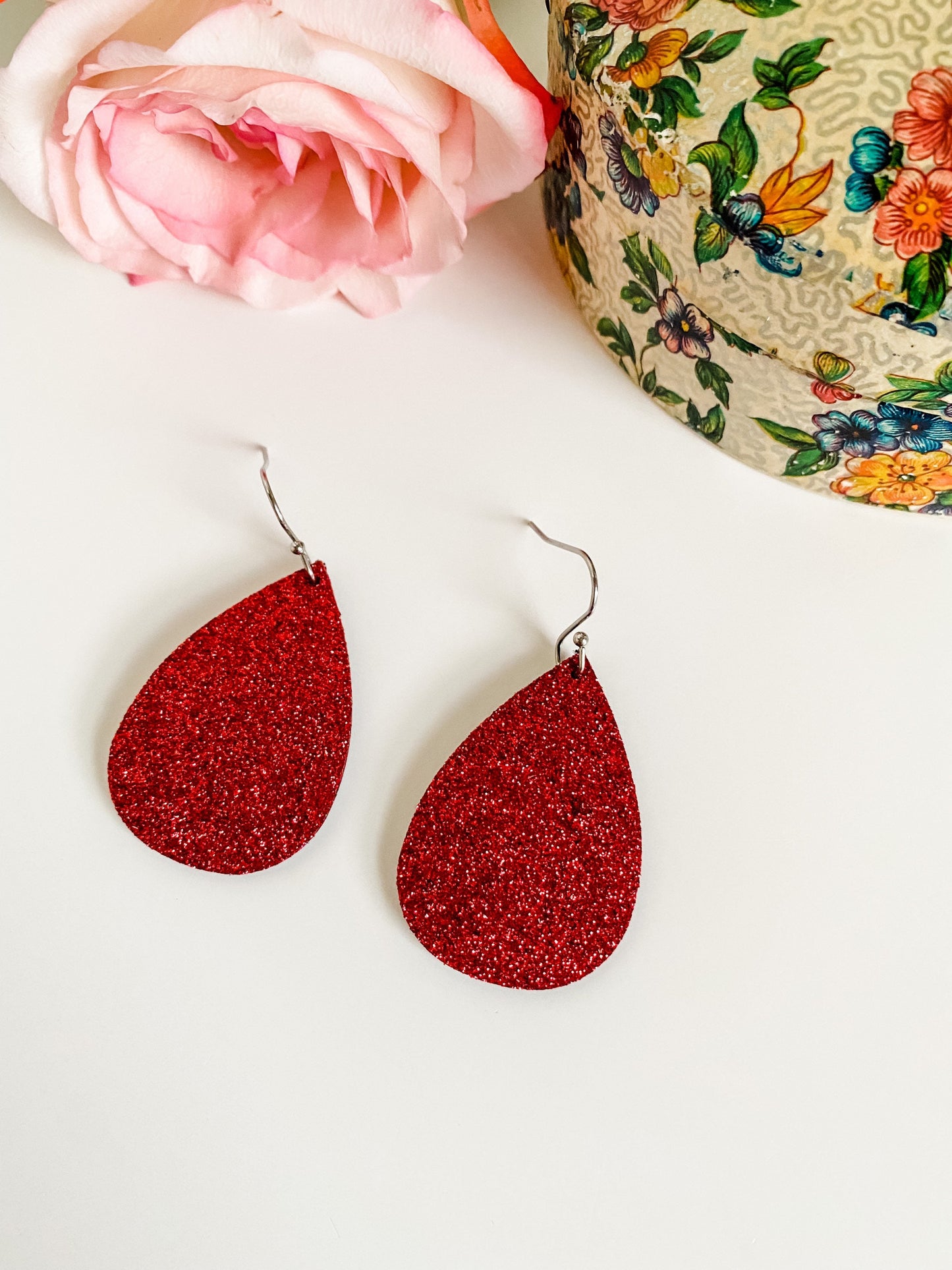 Red Glitter Teardrop Earrings, Leather Teardrop Earrings, Bling Holiday Earrings, Holiday Party Earrings, Simple Earrings, Gift for Her