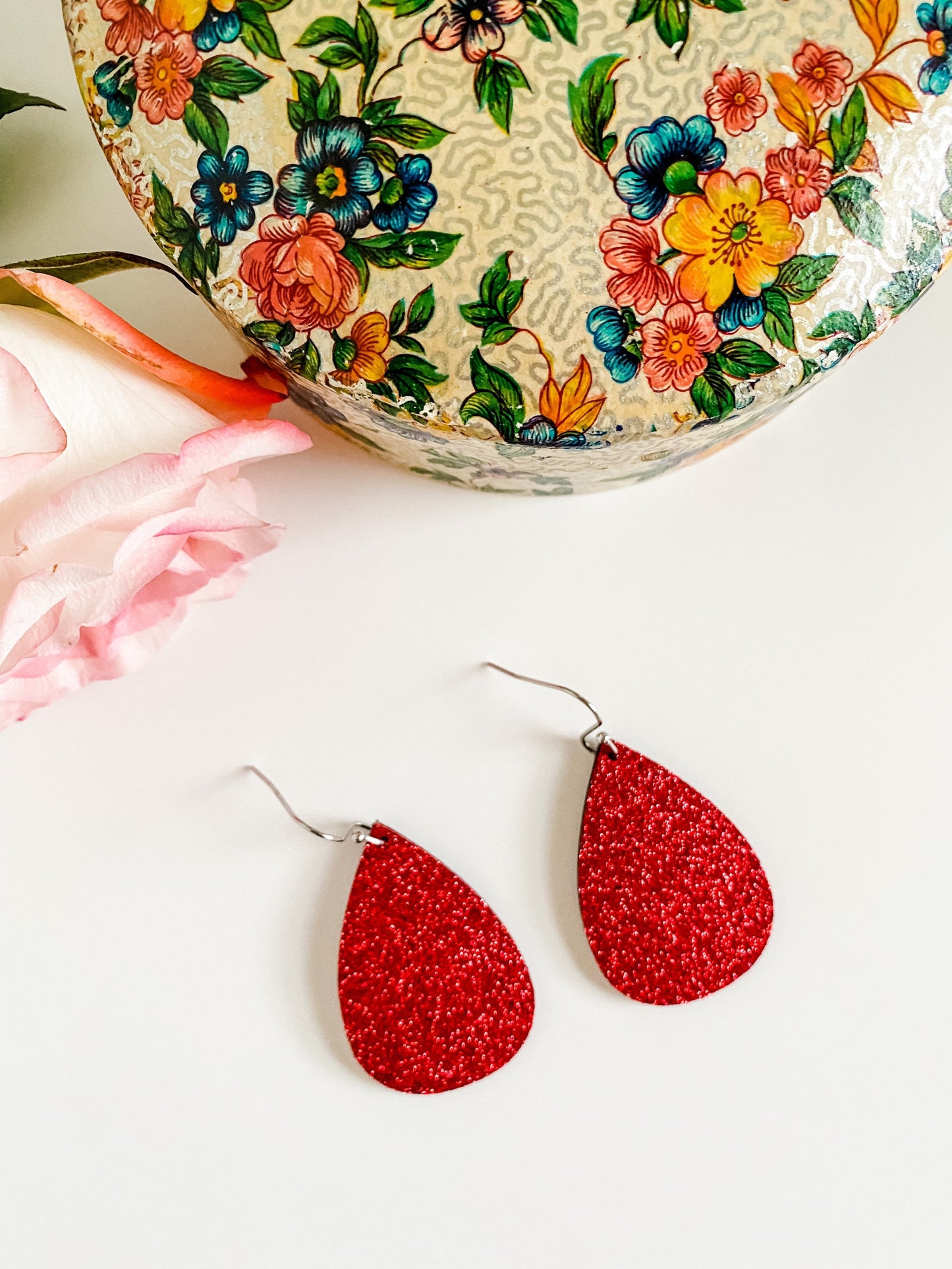 Red Glitter Teardrop Earrings, Leather Teardrop Earrings, Bling Holiday Earrings, Holiday Party Earrings, Simple Earrings, Gift for Her