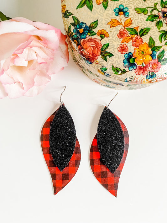 Buffalo Plaid Earrings, Red Black Plaid Earrings, Twist Petal Earrings, Trendy Earrings, Holiday Earrings, Rustic Earrings