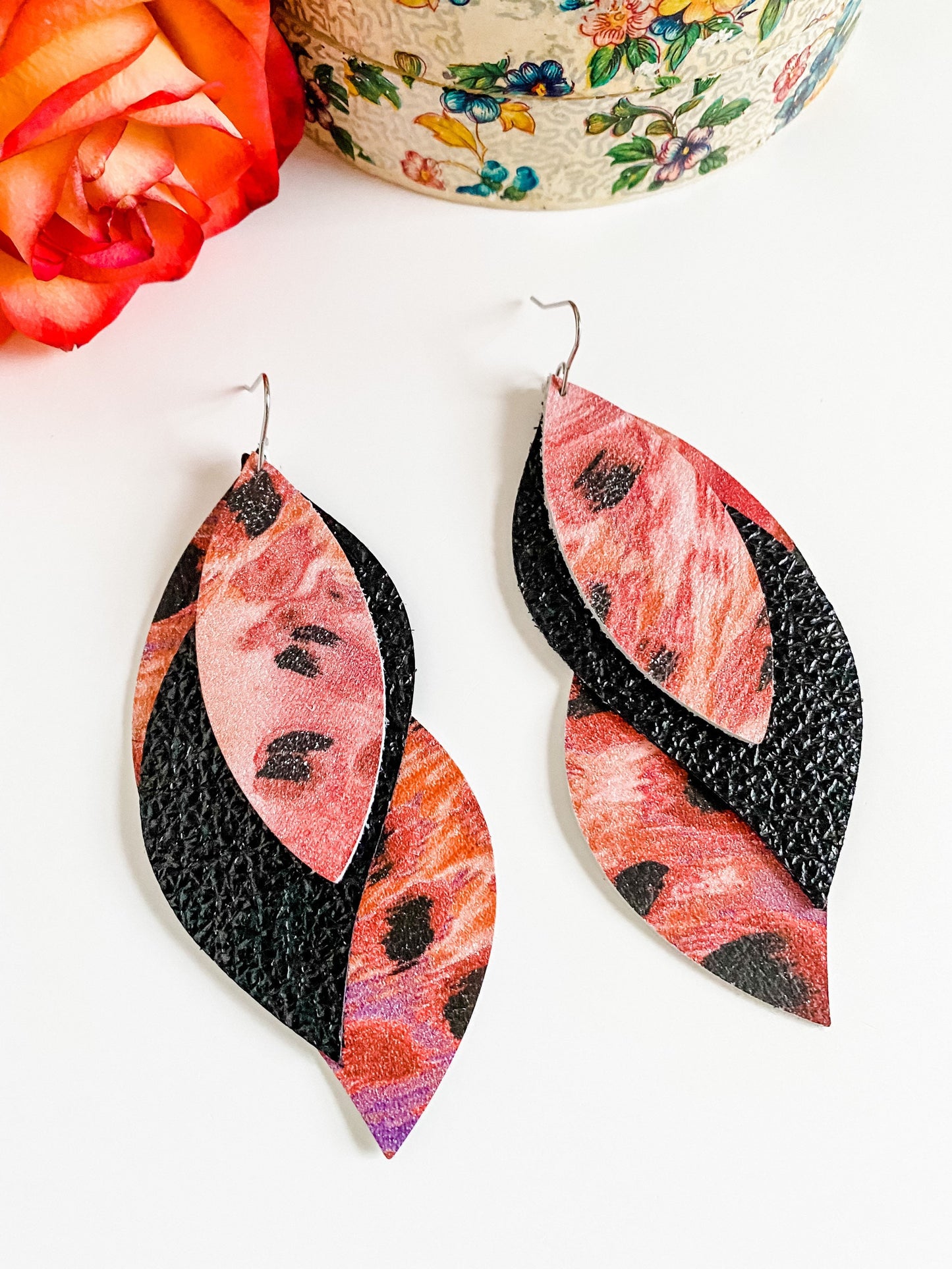 Leather Twist Petal Earrings, Abstract Leopard Print Leather, Black Leather, Unique Statement Earrings, peach, melon, purple, black