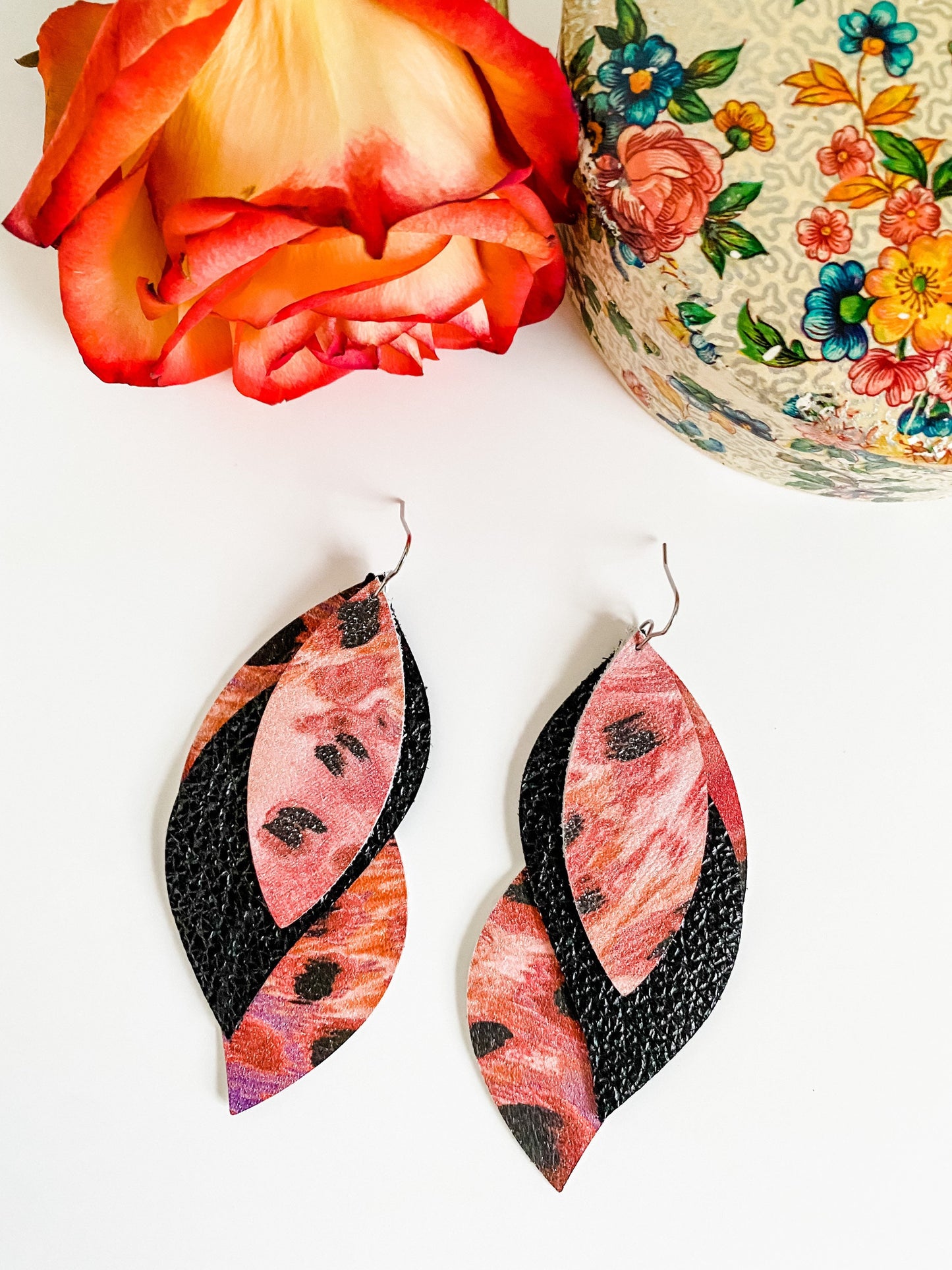 Leather Twist Petal Earrings, Abstract Leopard Print Leather, Black Leather, Unique Statement Earrings, peach, melon, purple, black