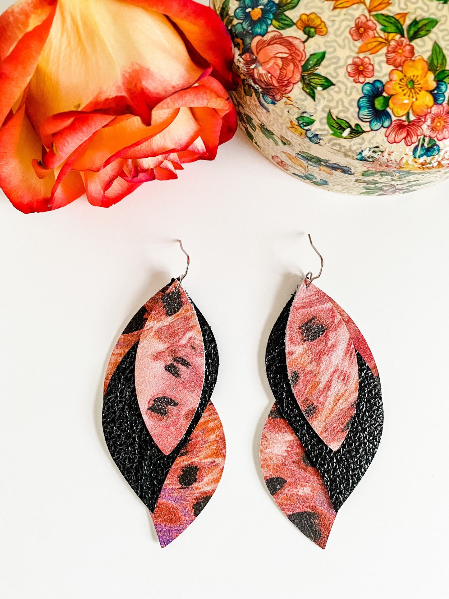 Leather Twist Petal Earrings, Abstract Leopard Print Leather, Black Leather, Unique Statement Earrings, peach, melon, purple, black