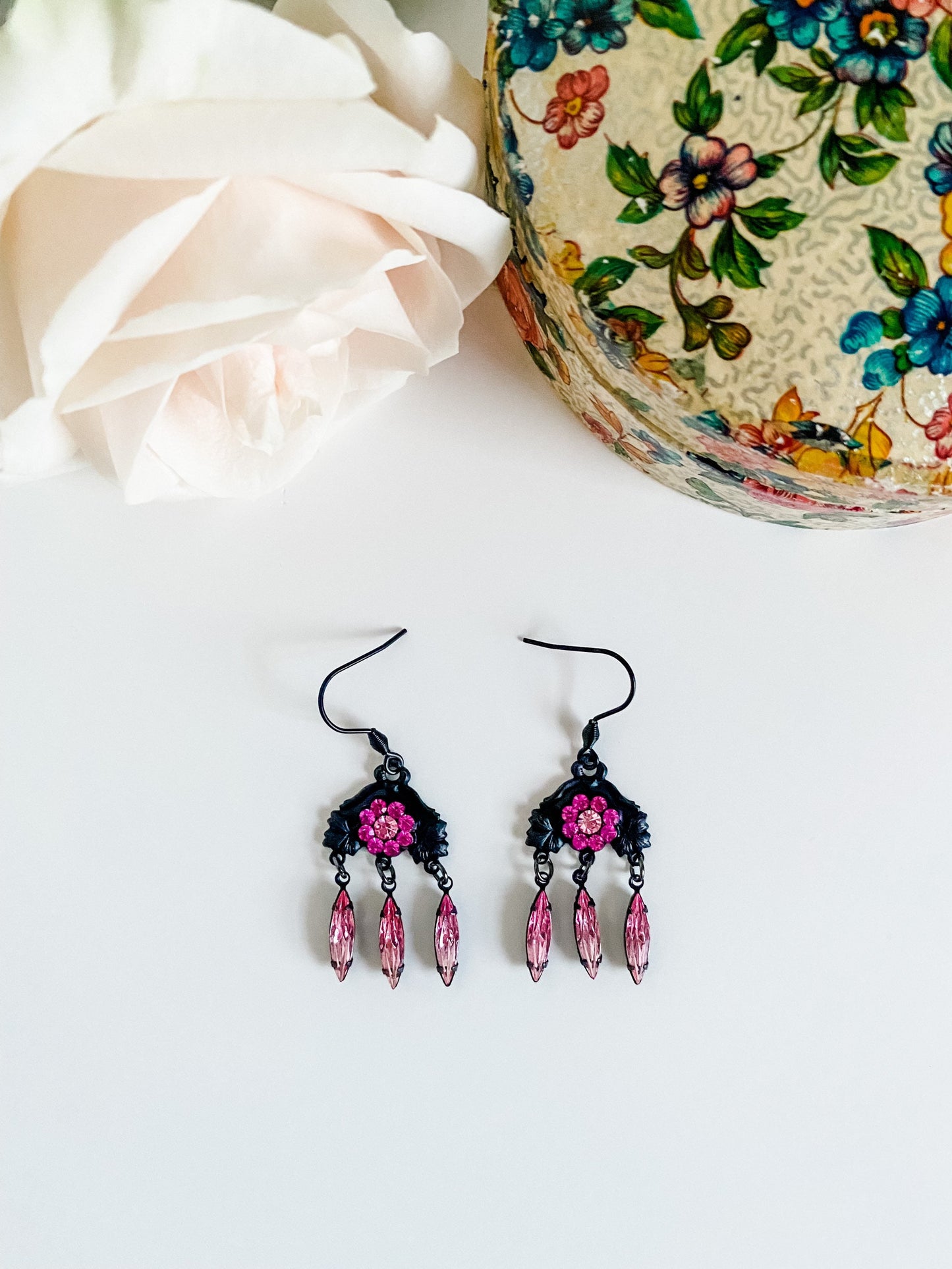 Pink Glam Chandelier Earrings, Rose Pink Austrian Crystal Earrings, Black and Pink Bridal Dangle Earrings, Victorian Coquette Earrings