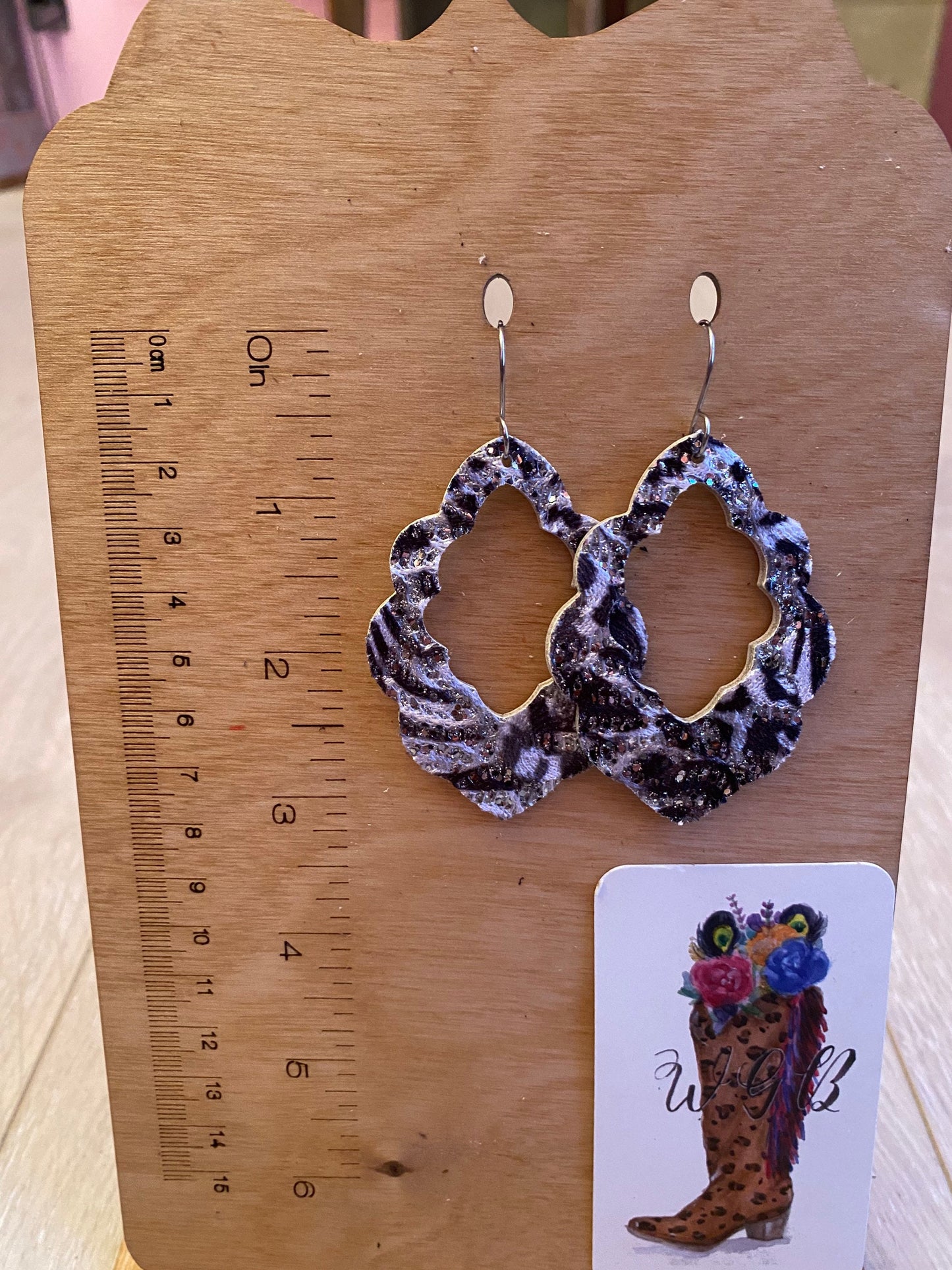 Black and White Glitter Lace Earrings, Black and White Animal Print Earrings, Whimsigoth Earrings, Party Earrings, Scalloped Leaf Earrings