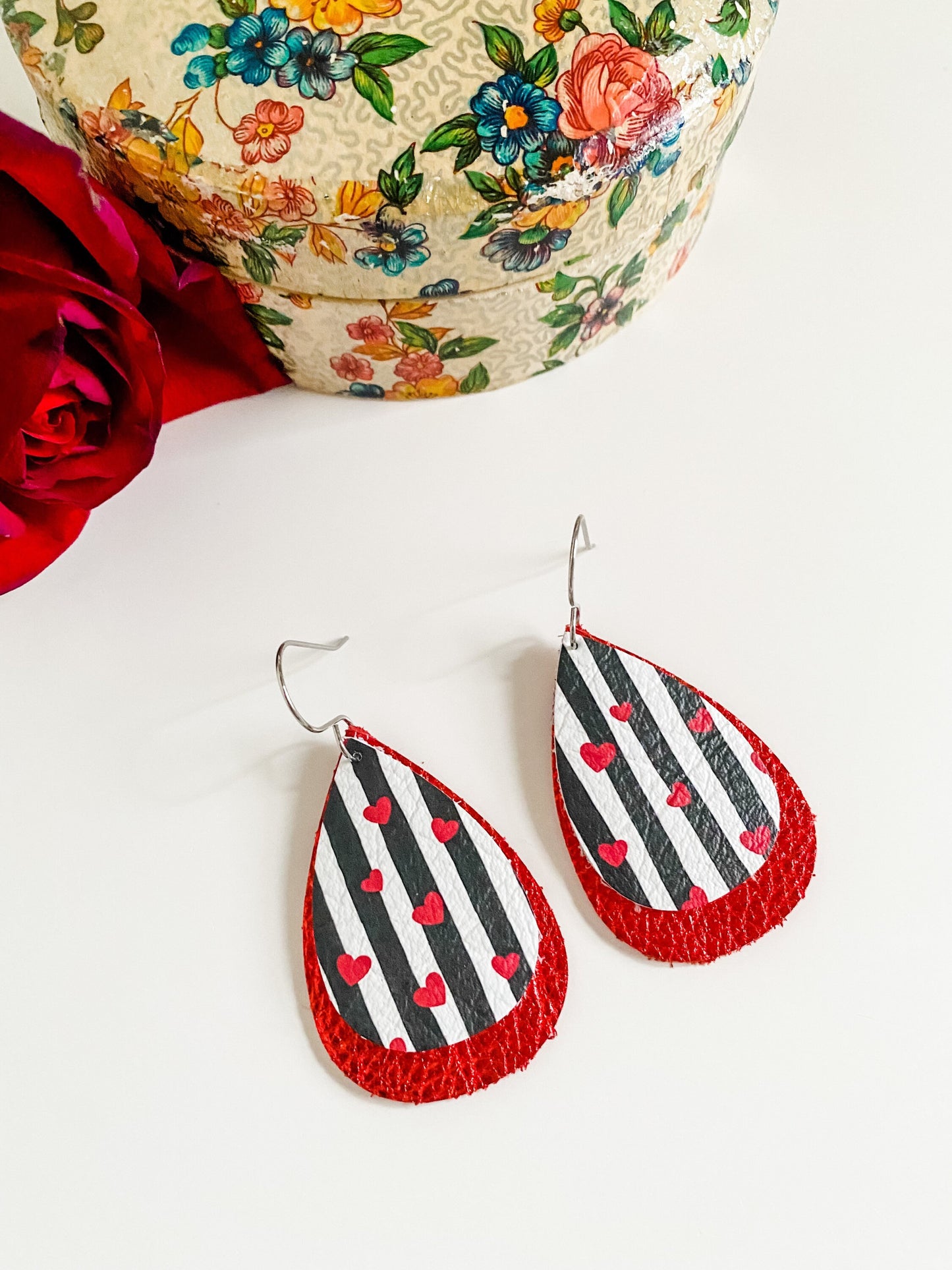 Red Leather Teardrop Earrings, Black and White Stripes with Red Hearts, Galentines Gift for Her, Valentines Earrings, Gift for Teacher