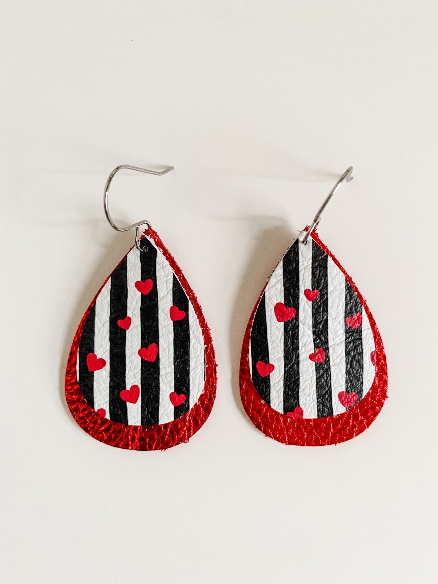 Red Leather Teardrop Earrings, Black and White Stripes with Red Hearts, Galentines Gift for Her, Valentines Earrings, Gift for Teacher