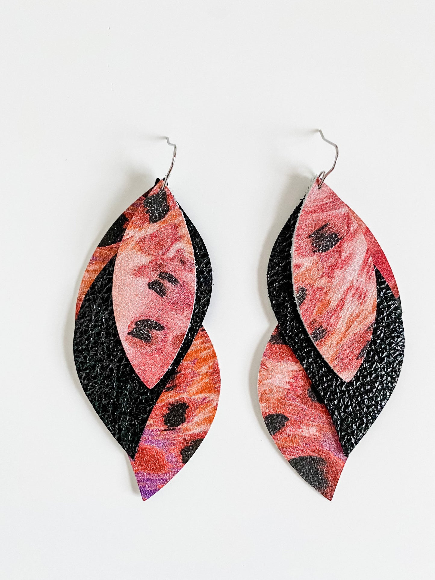 Leather Twist Petal Earrings, Abstract Leopard Print Leather, Black Leather, Unique Statement Earrings, peach, melon, purple, black