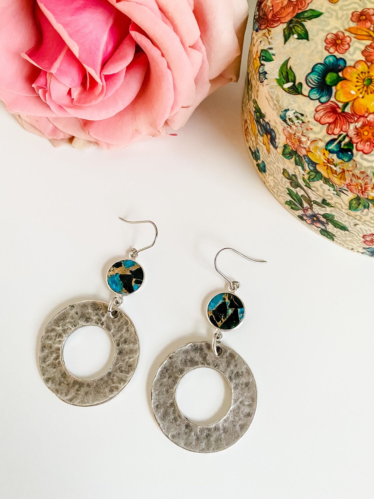 Boho Turquoise and Silver Circle Earrings, Natural Blue Black Copper Turquoise Earrings, Coastal Cowgirl Earrings, Festival Earrings