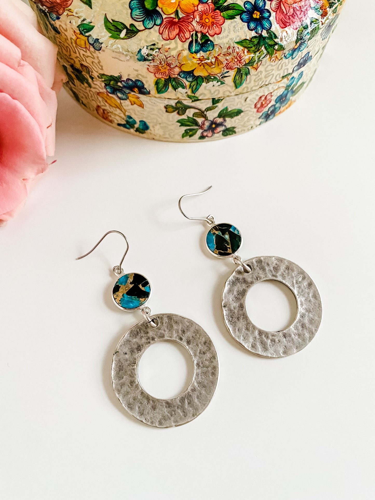 Boho Turquoise and Silver Circle Earrings, Natural Blue Black Copper Turquoise Earrings, Coastal Cowgirl Earrings, Festival Earrings