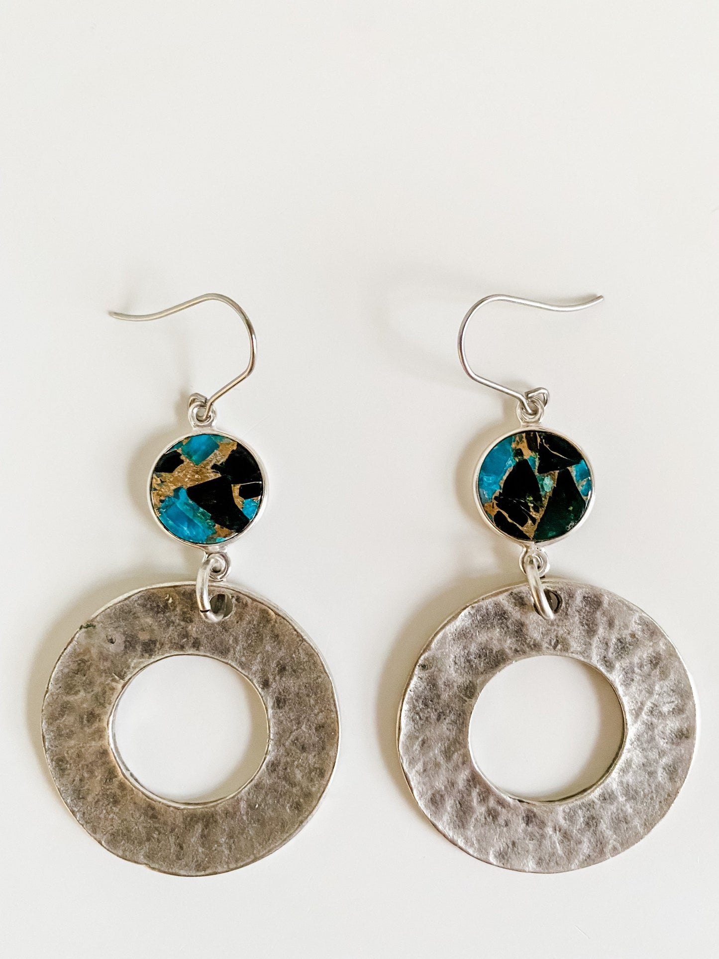 Boho Turquoise and Silver Circle Earrings, Natural Blue Black Copper Turquoise Earrings, Coastal Cowgirl Earrings, Festival Earrings