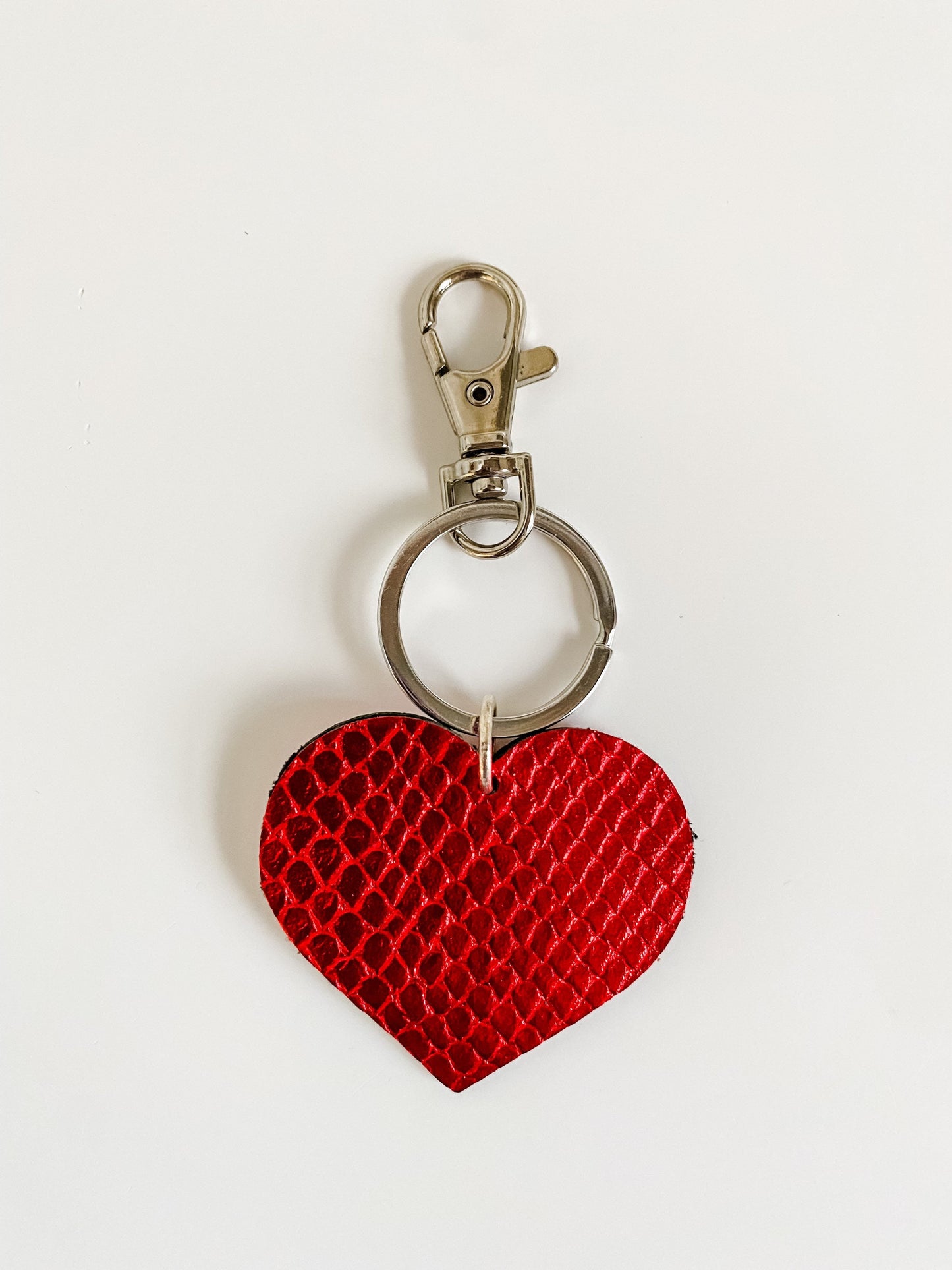 Red Heart Keychain, Shiny Python Embossed Leather, Purse Charm, Red Heart Bag Charm, Leather Keychain, choose clasp style and finish