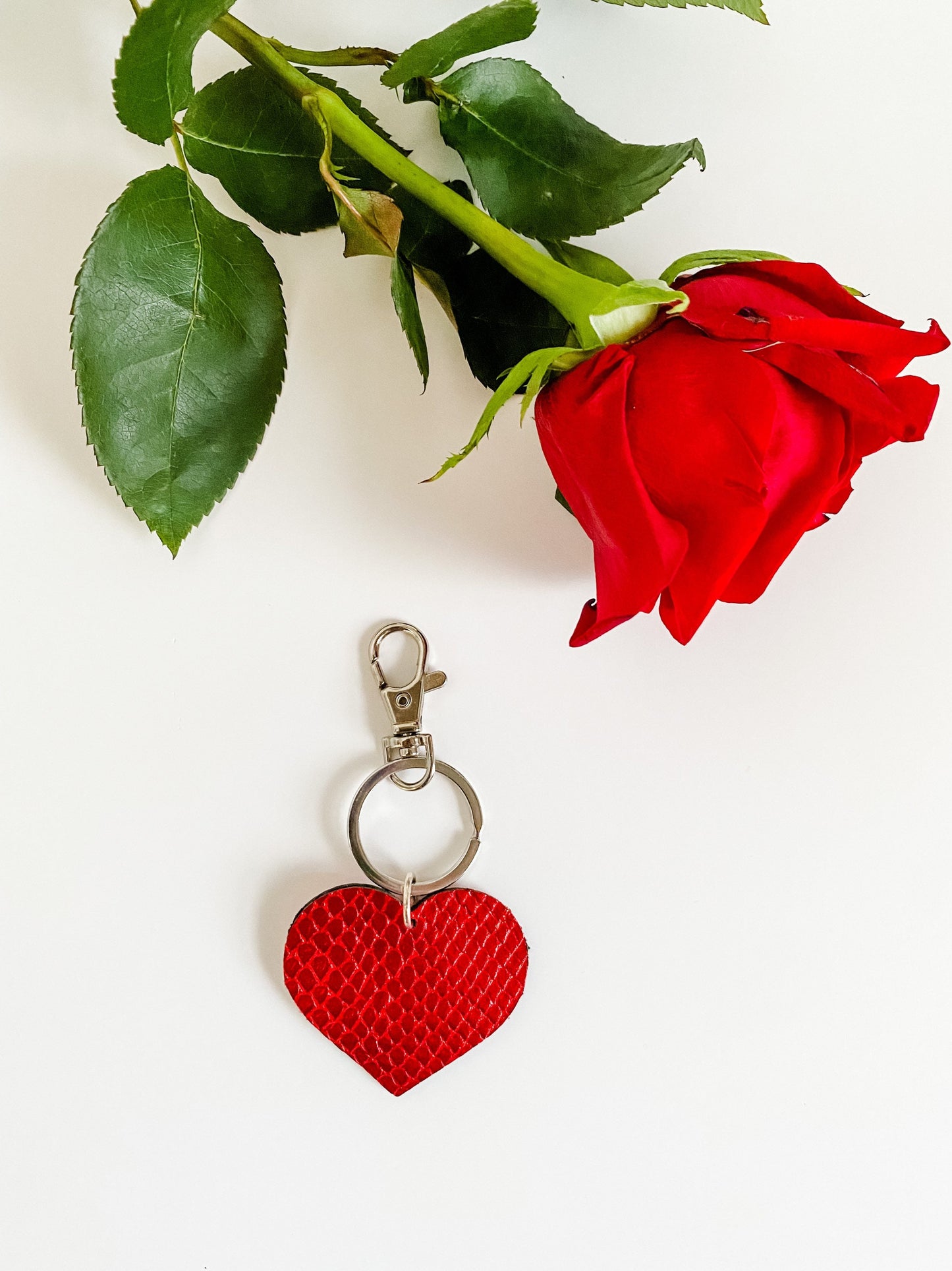 Red Heart Keychain, Shiny Python Embossed Leather, Purse Charm, Red Heart Bag Charm, Leather Keychain, choose clasp style and finish