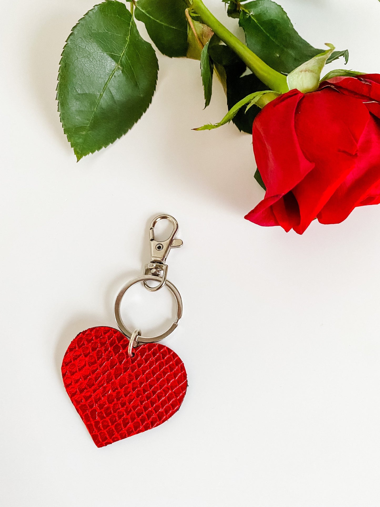 Red Heart Keychain, Shiny Python Embossed Leather, Purse Charm, Red Heart Bag Charm, Leather Keychain, choose clasp style and finish