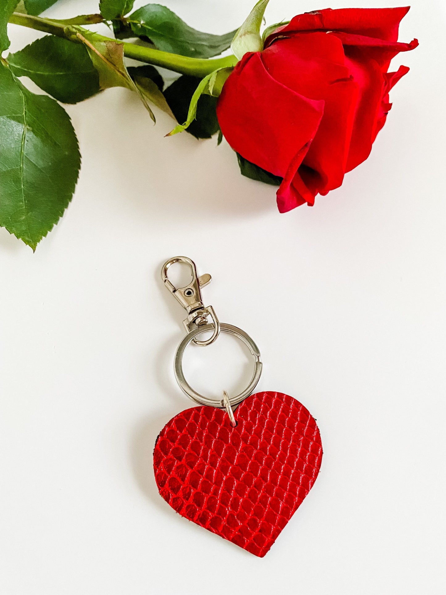 Red Heart Keychain, Shiny Python Embossed Leather, Purse Charm, Red Heart Bag Charm, Leather Keychain, choose clasp style and finish