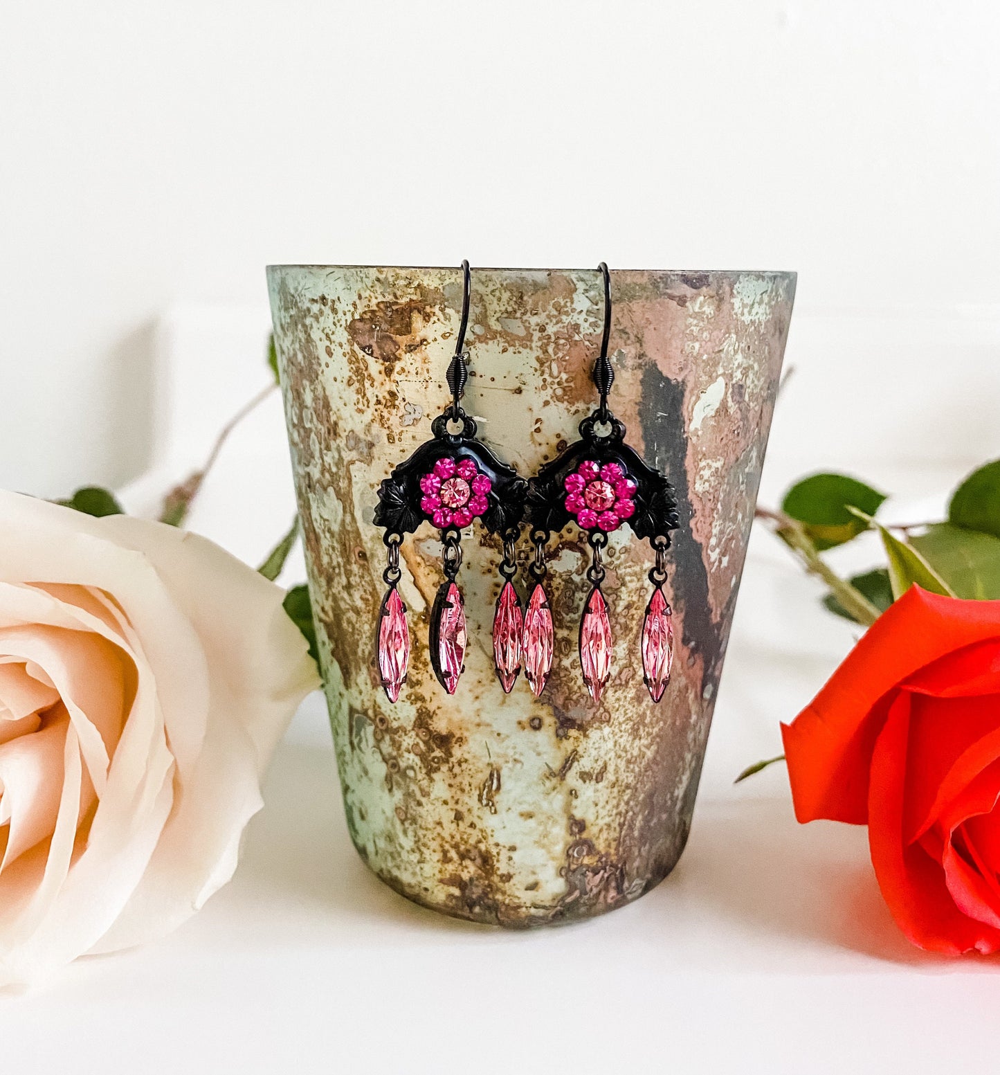 Pink Glam Chandelier Earrings, Rose Pink Austrian Crystal Earrings, Black and Pink Bridal Dangle Earrings, Victorian Coquette Earrings