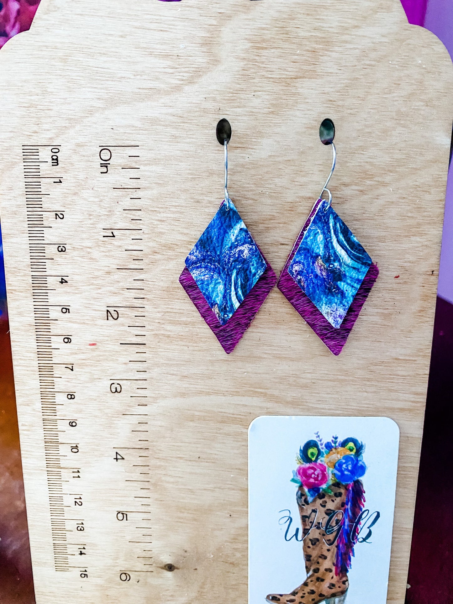 Pink Black Hair on Hide Layered Diamond Shaped Earrings, Blue Turquoise Marble Swirl Print, Bright Boho Earrings, Coastal Cowgirl Earrings