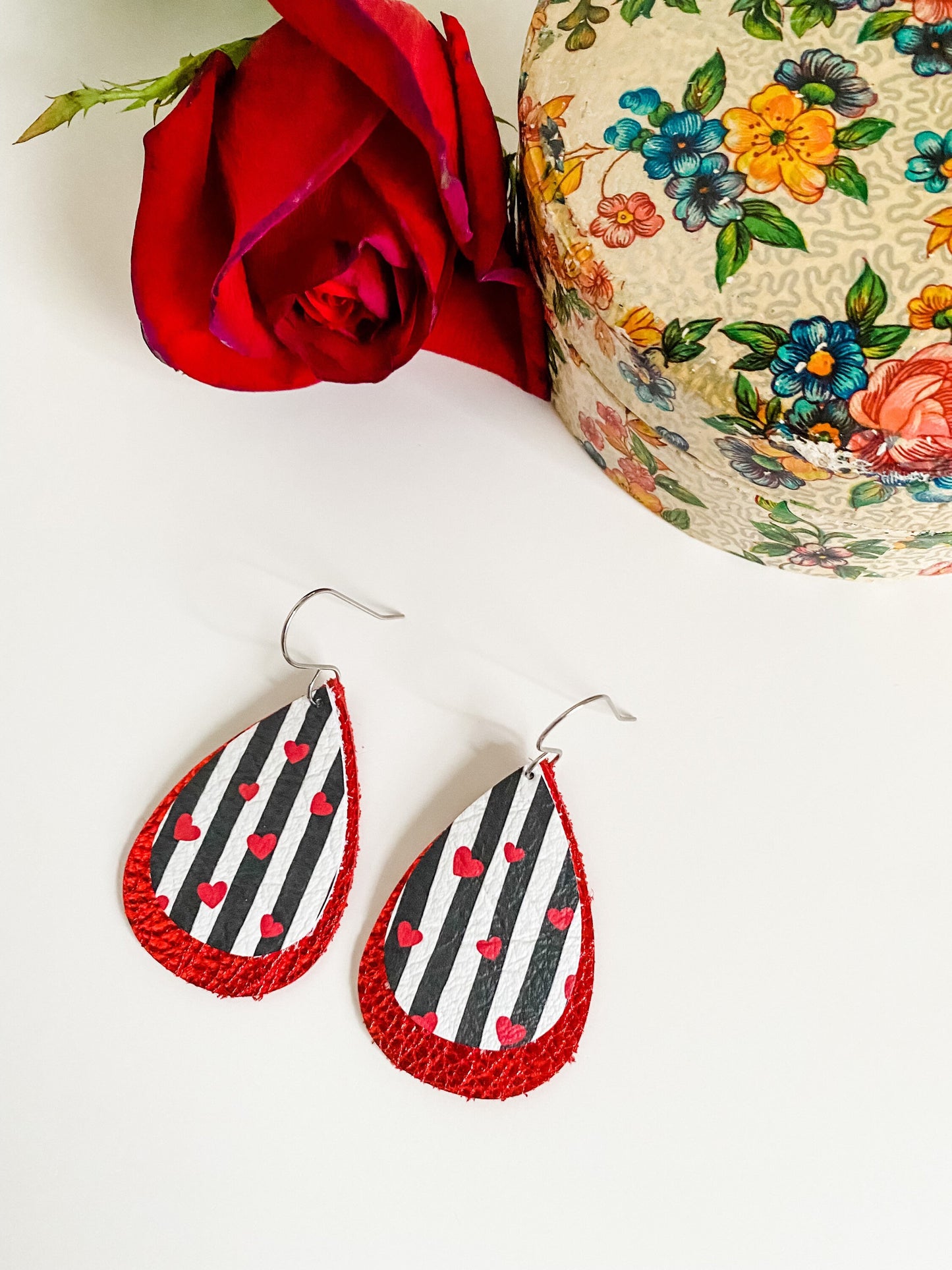 Red Leather Teardrop Earrings, Black and White Stripes with Red Hearts, Galentines Gift for Her, Valentines Earrings, Gift for Teacher