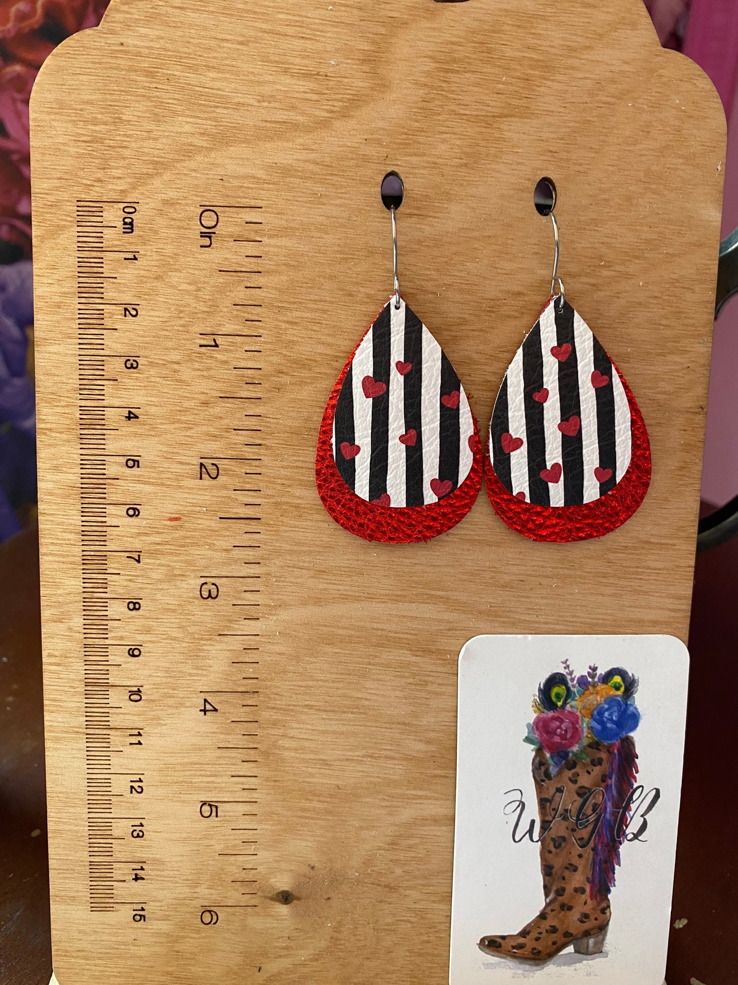 Red Leather Teardrop Earrings, Black and White Stripes with Red Hearts, Galentines Gift for Her, Valentines Earrings, Gift for Teacher