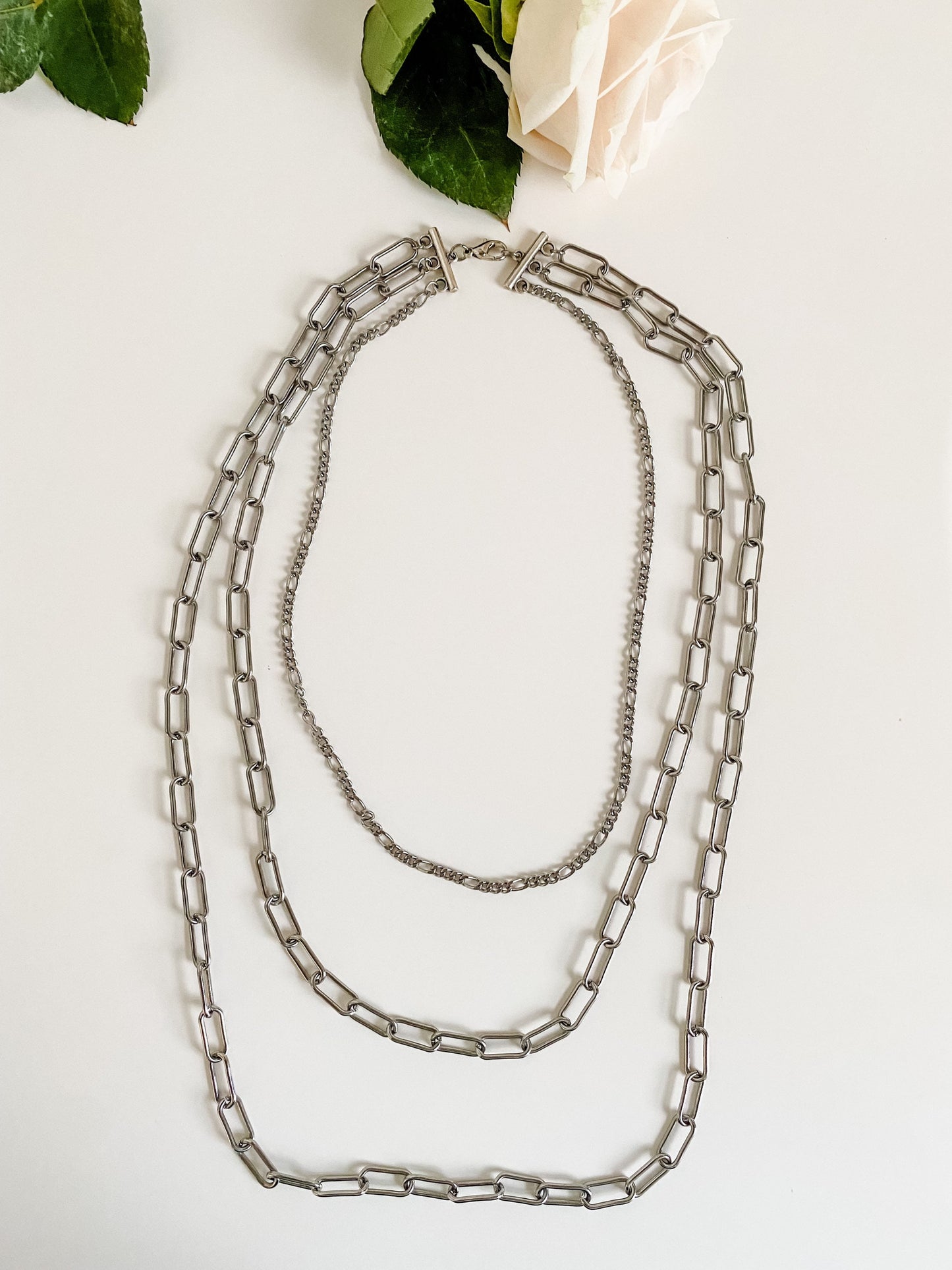 Silver Layered Chain Necklace, Paperclip and Figaro Chain, Paperclip Chain Necklace, Statement Trend Necklace, Elegant and Beautiful