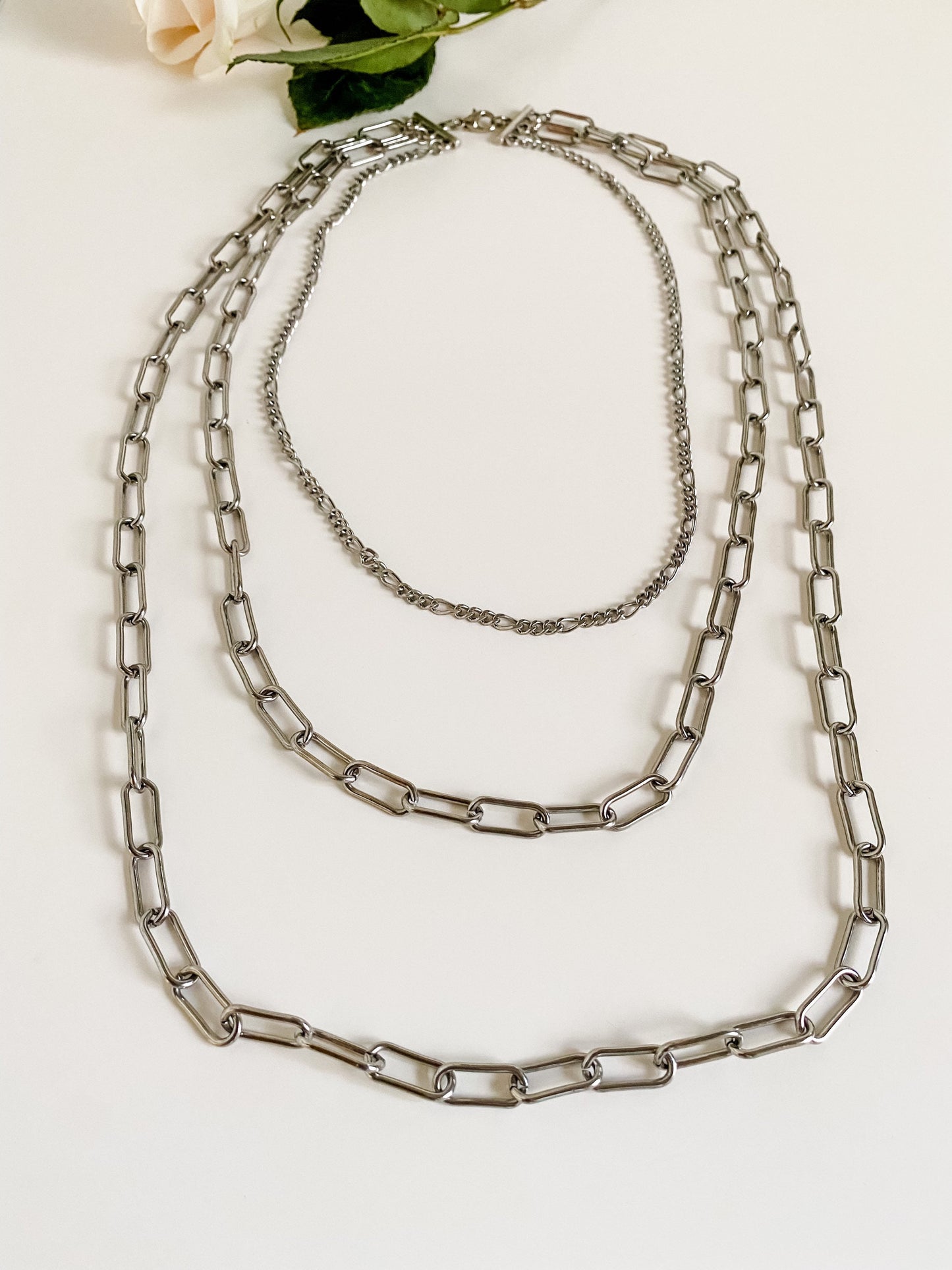 Silver Layered Chain Necklace, Paperclip and Figaro Chain, Paperclip Chain Necklace, Statement Trend Necklace, Elegant and Beautiful