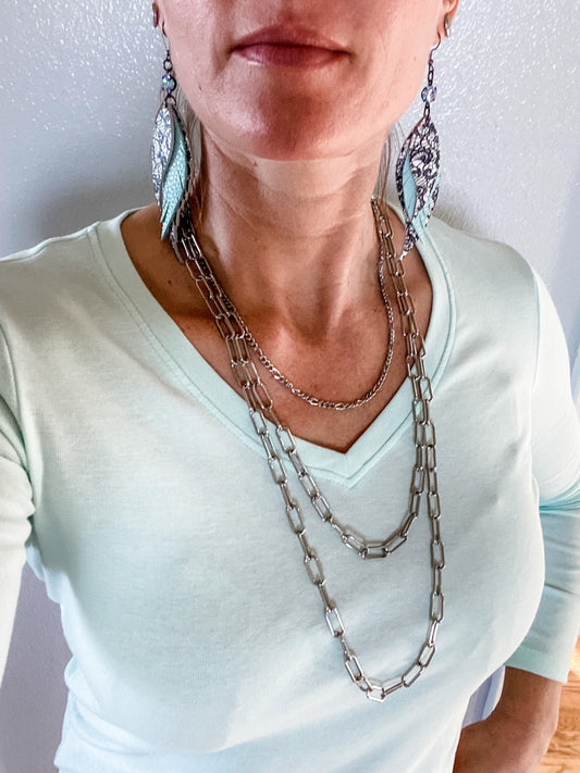 Silver Layered Chain Necklace, Paperclip and Figaro Chain, Paperclip Chain Necklace, Statement Trend Necklace, Elegant and Beautiful