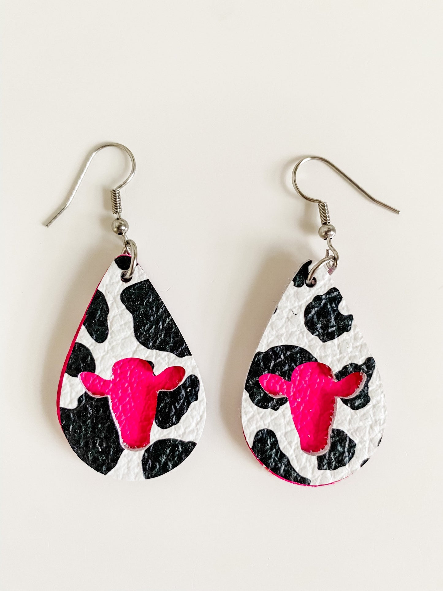 Western Earrings Set, Cattle Tag Earrings, Cow Print Teardrop Earrings with Cow Cutout, Black White Cow Print, Hot Pink, Lime Green, 3 pairs