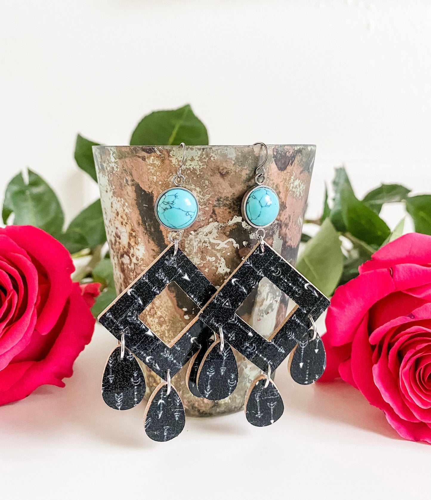 Chandelier Earrings Boho, Coastal Cowgirl Chic Earrings, Black and Turquoise Western Chandelier Earrings, Arrowhead Print Cork on Leather