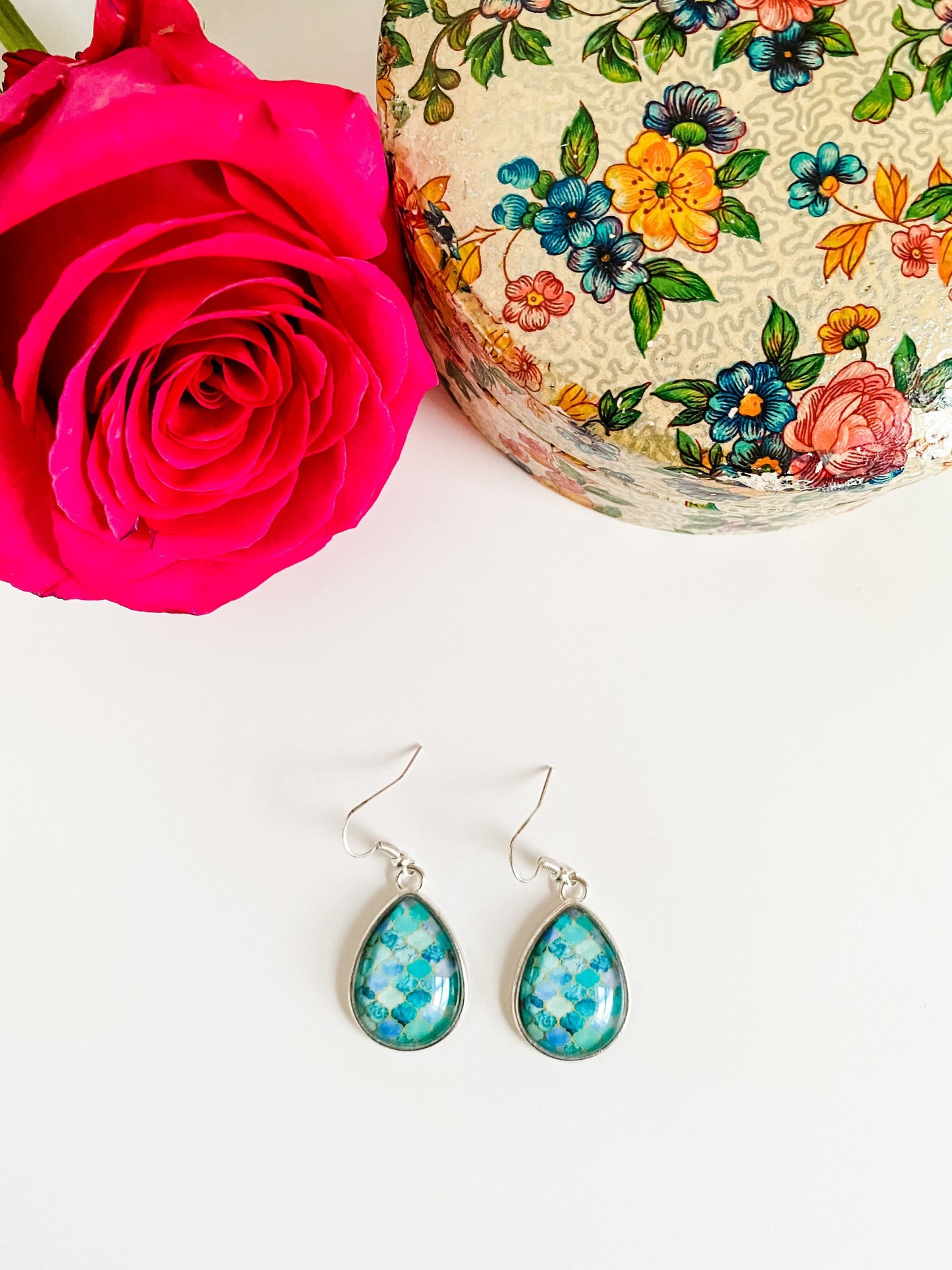 Small Teardrop Earrings in Blues and Greens, Boho Marrakech Earrings, Aqua, Turquoise, Teal, Mint, Silver Earrings, Coastal Earrings