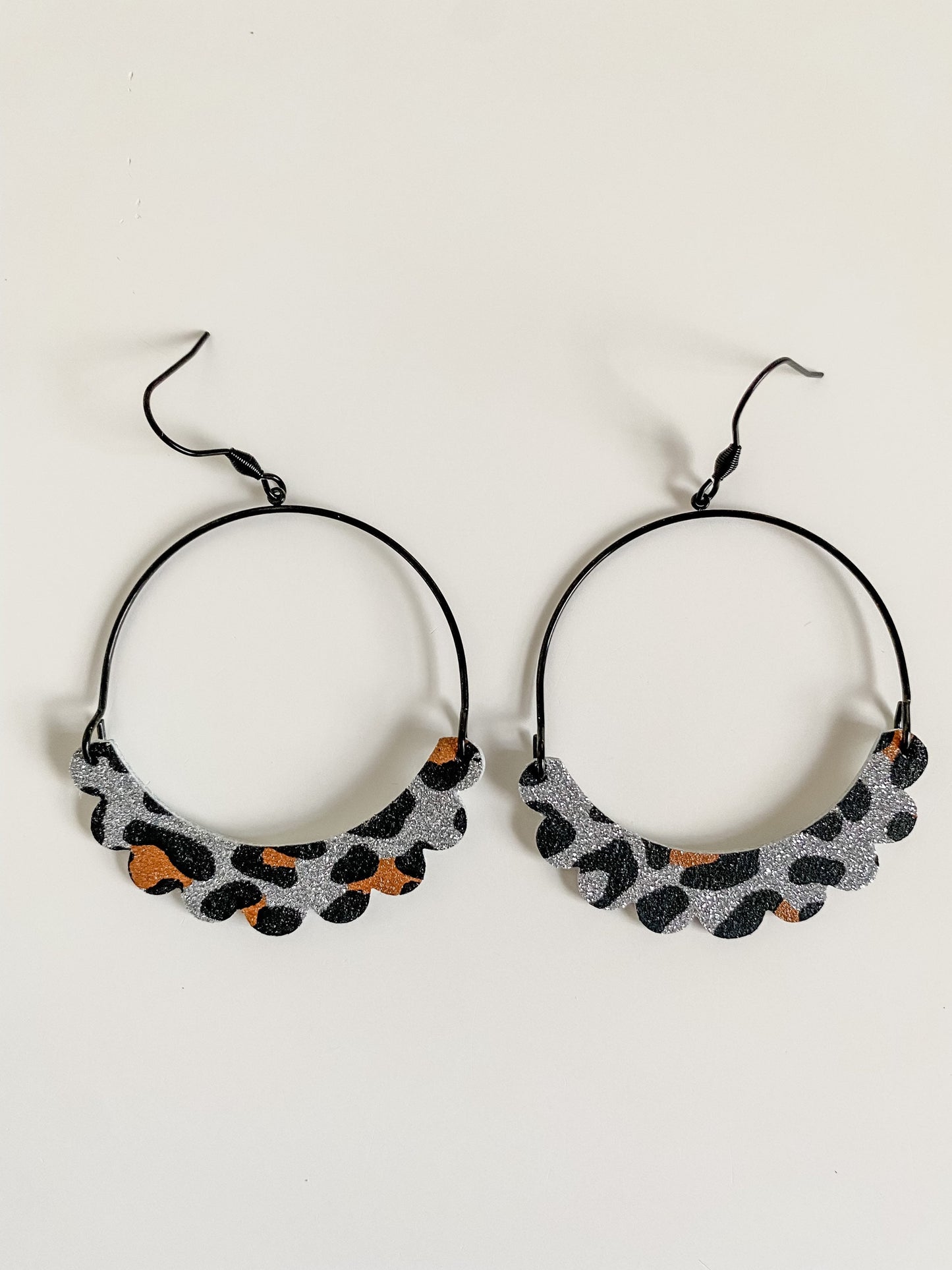 Black and Silver Leopard Hoop Earrings, Glitter Leopard Print Leather, Black Arch Hoop Earrings with Scalloped Dangles, Unique Hoop Earrings