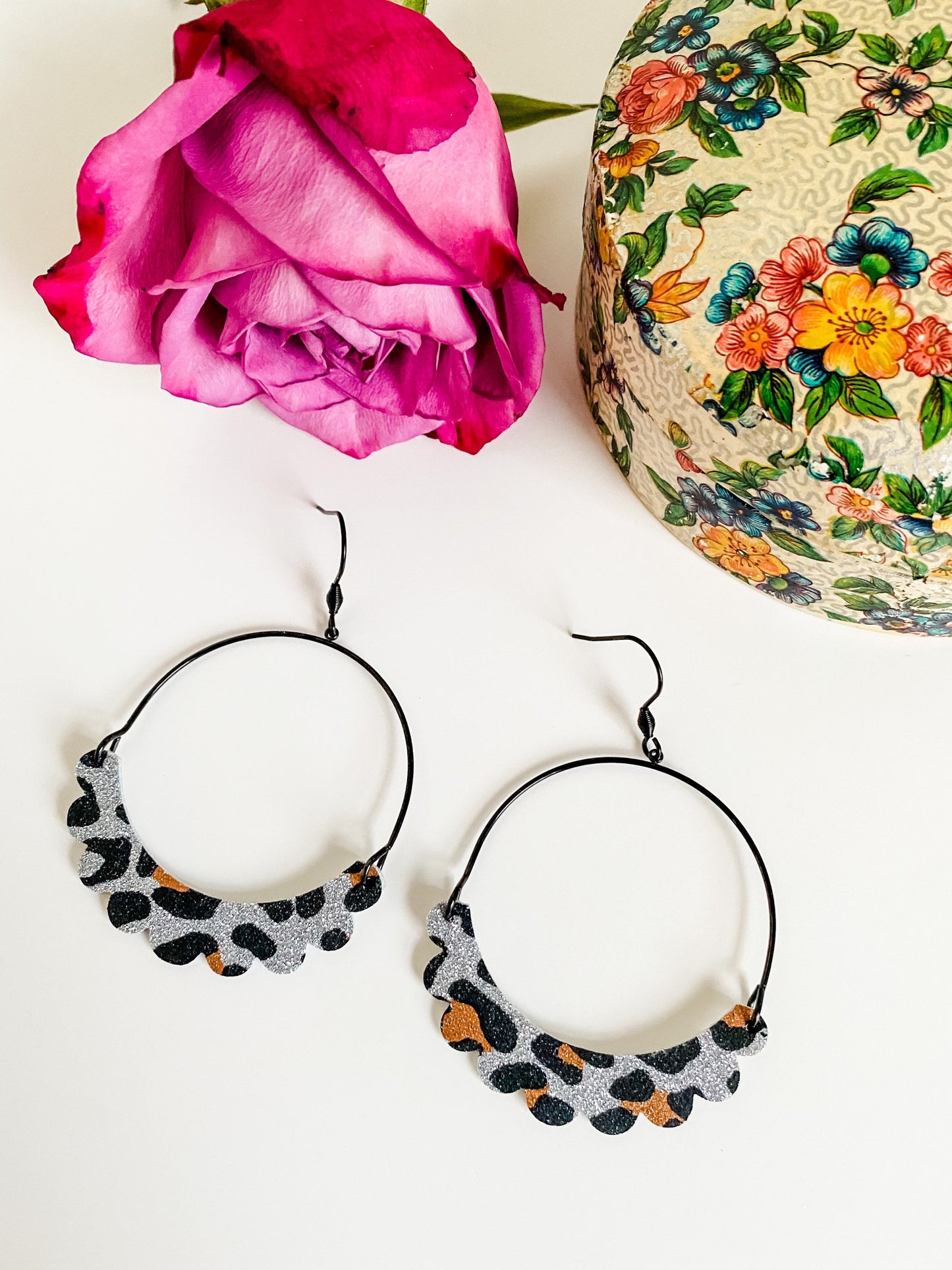 Black and Silver Leopard Hoop Earrings, Glitter Leopard Print Leather, Black Arch Hoop Earrings with Scalloped Dangles, Unique Hoop Earrings