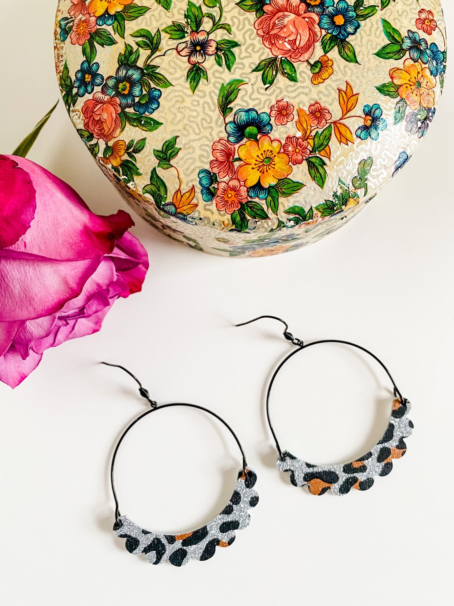 Black and Silver Leopard Hoop Earrings, Glitter Leopard Print Leather, Black Arch Hoop Earrings with Scalloped Dangles, Unique Hoop Earrings