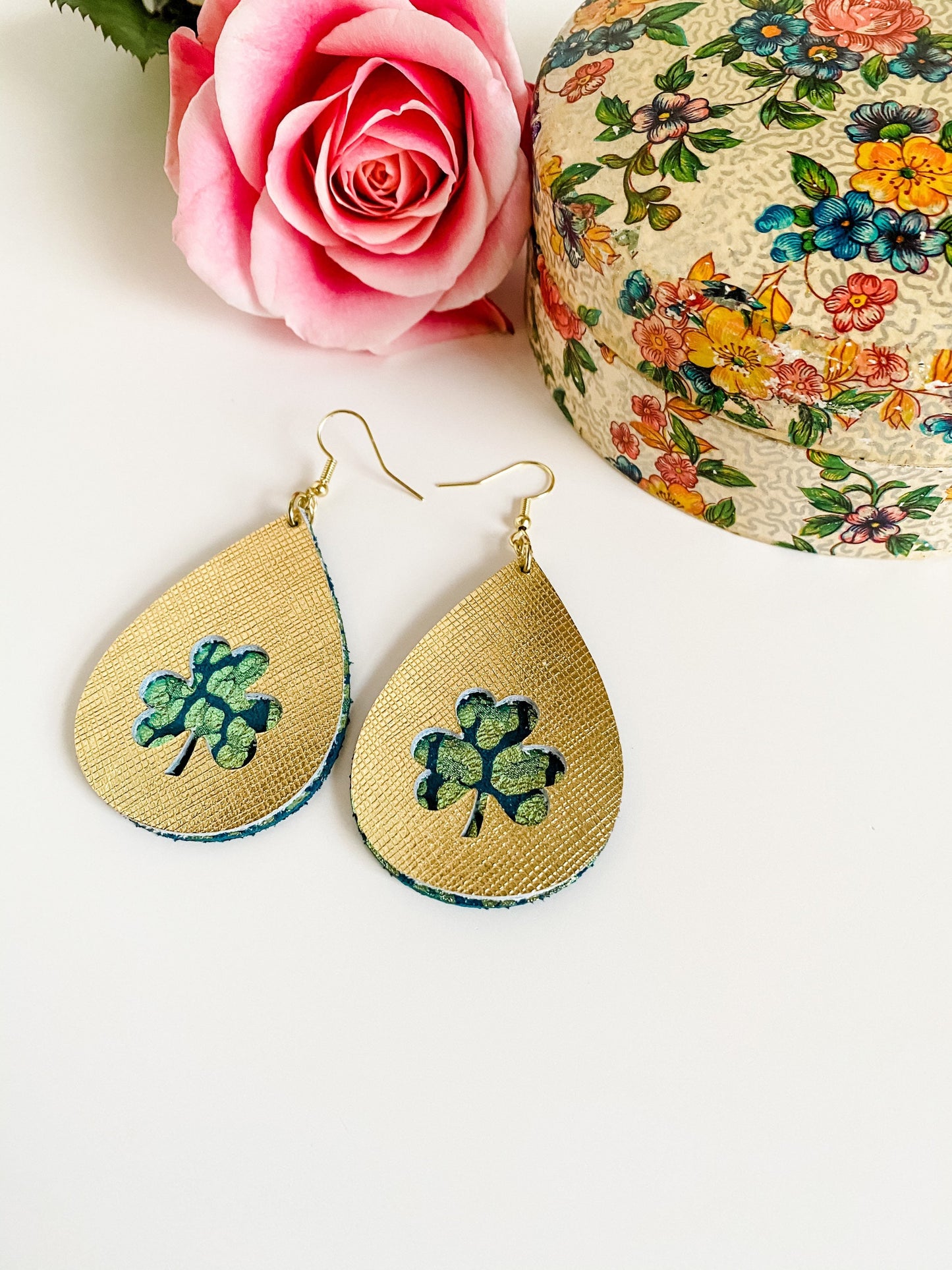 St Patricks Day Earrings, Shamrock Earrings, Teardrop Earrings with Shamrock Cutout, Clover Earrings, Green and Gold Lucky Earrings