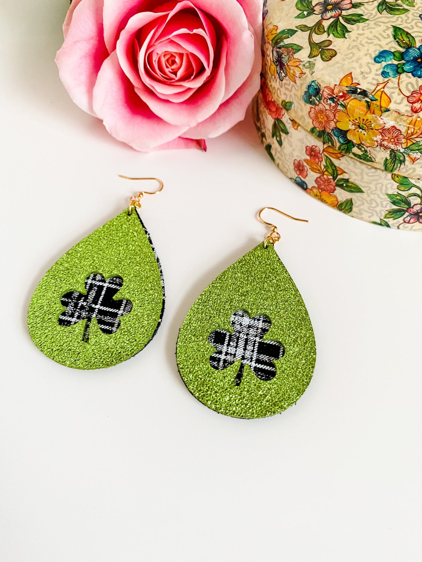 St Patricks Day Earrings, Shamrock Earrings, Teardrop Earrings with Shamrock Cutout, Clover Earrings, Green and Gold Lucky Earrings