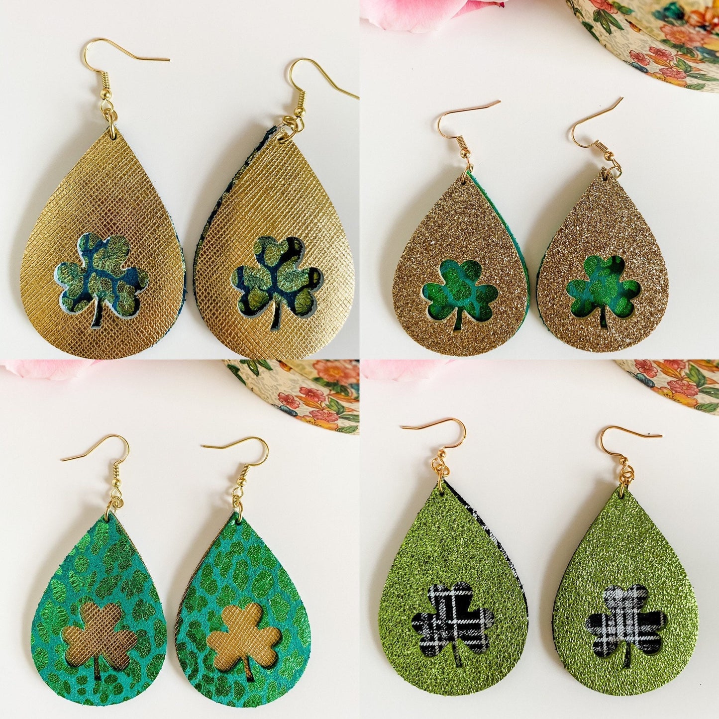 St Patricks Day Earrings, Shamrock Earrings, Teardrop Earrings with Shamrock Cutout, Clover Earrings, Green and Gold Lucky Earrings