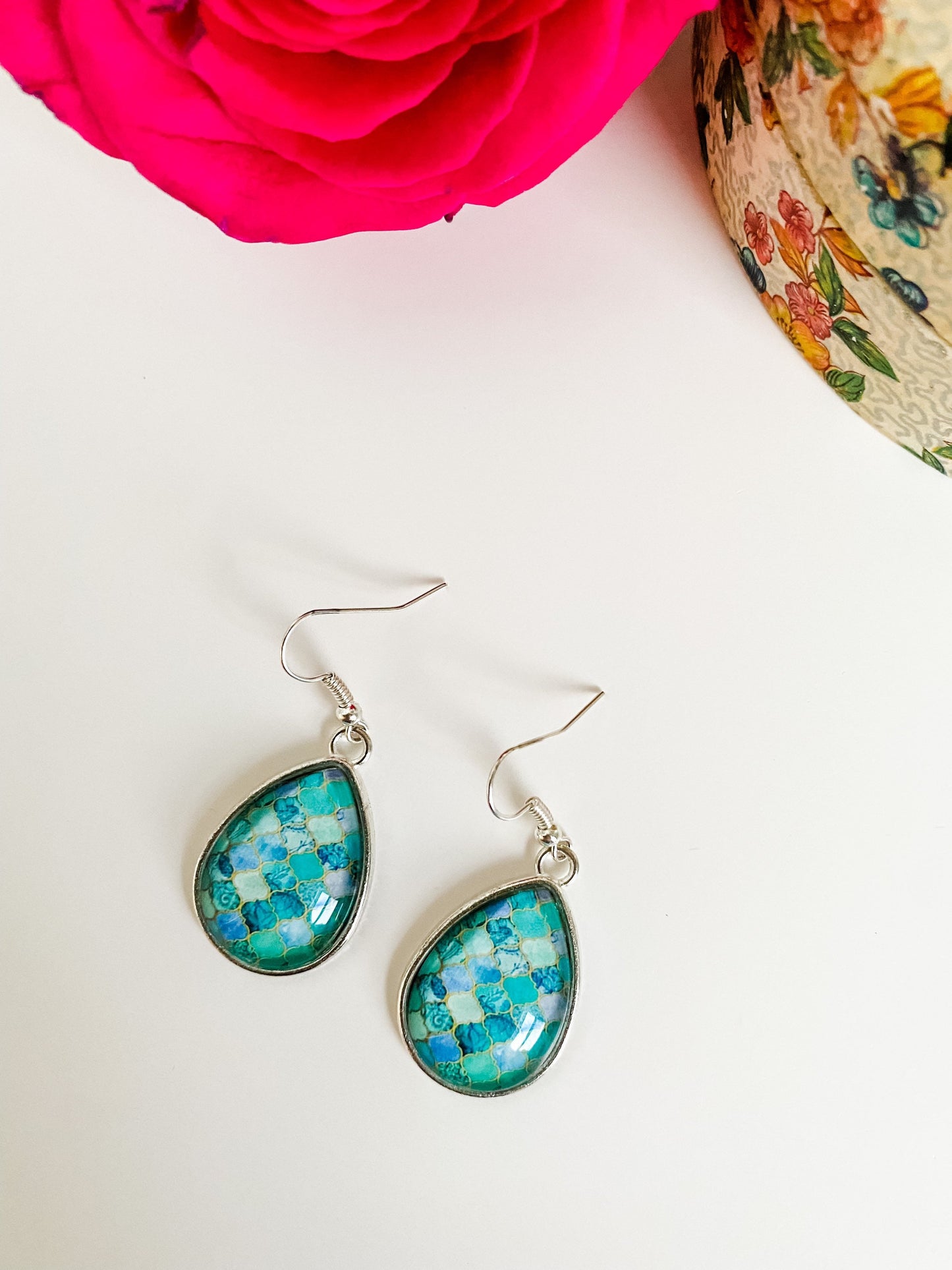 Small Teardrop Earrings in Blues and Greens, Boho Marrakech Earrings, Aqua, Turquoise, Teal, Mint, Silver Earrings, Coastal Earrings