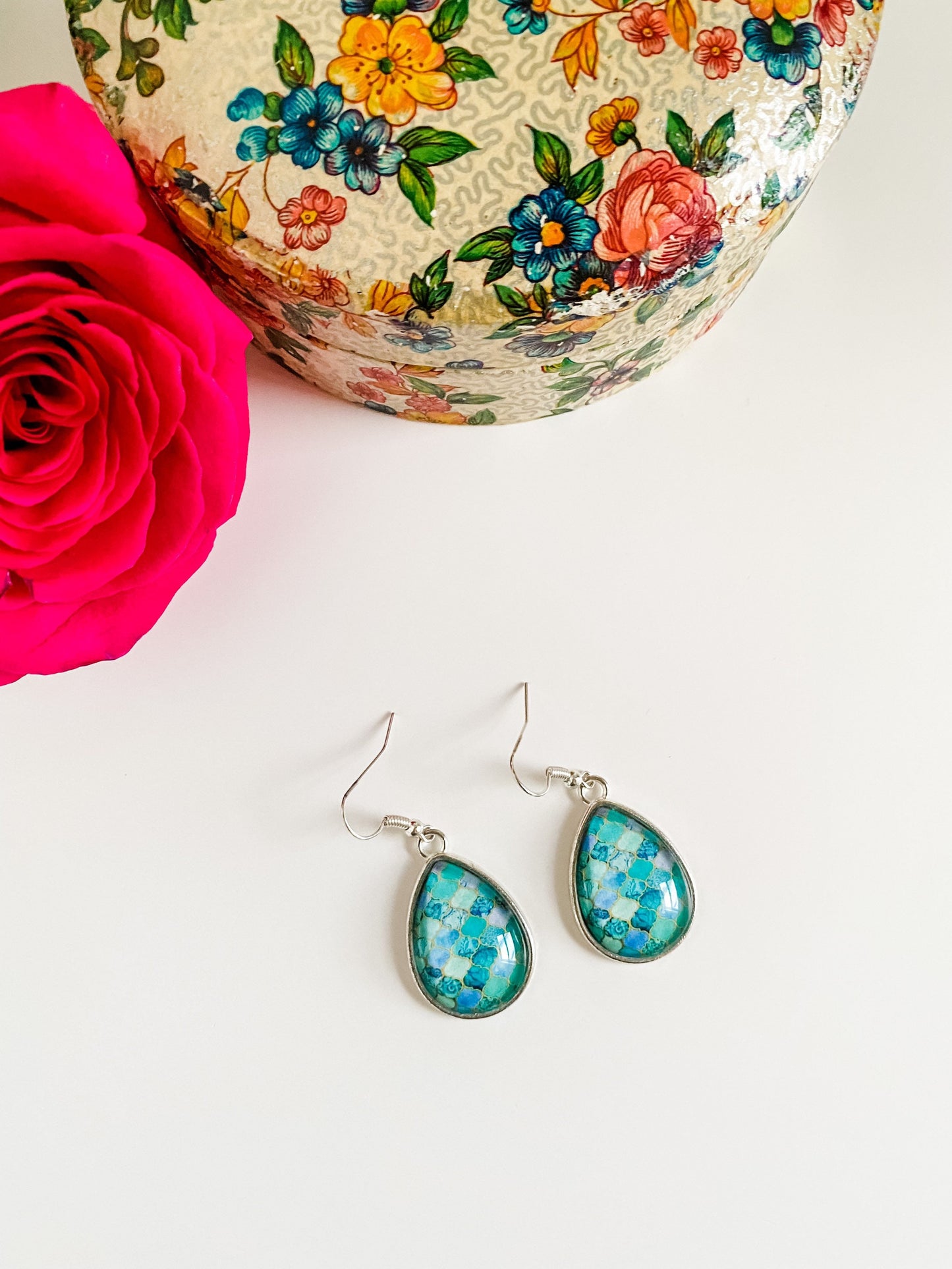 Small Teardrop Earrings in Blues and Greens, Boho Marrakech Earrings, Aqua, Turquoise, Teal, Mint, Silver Earrings, Coastal Earrings