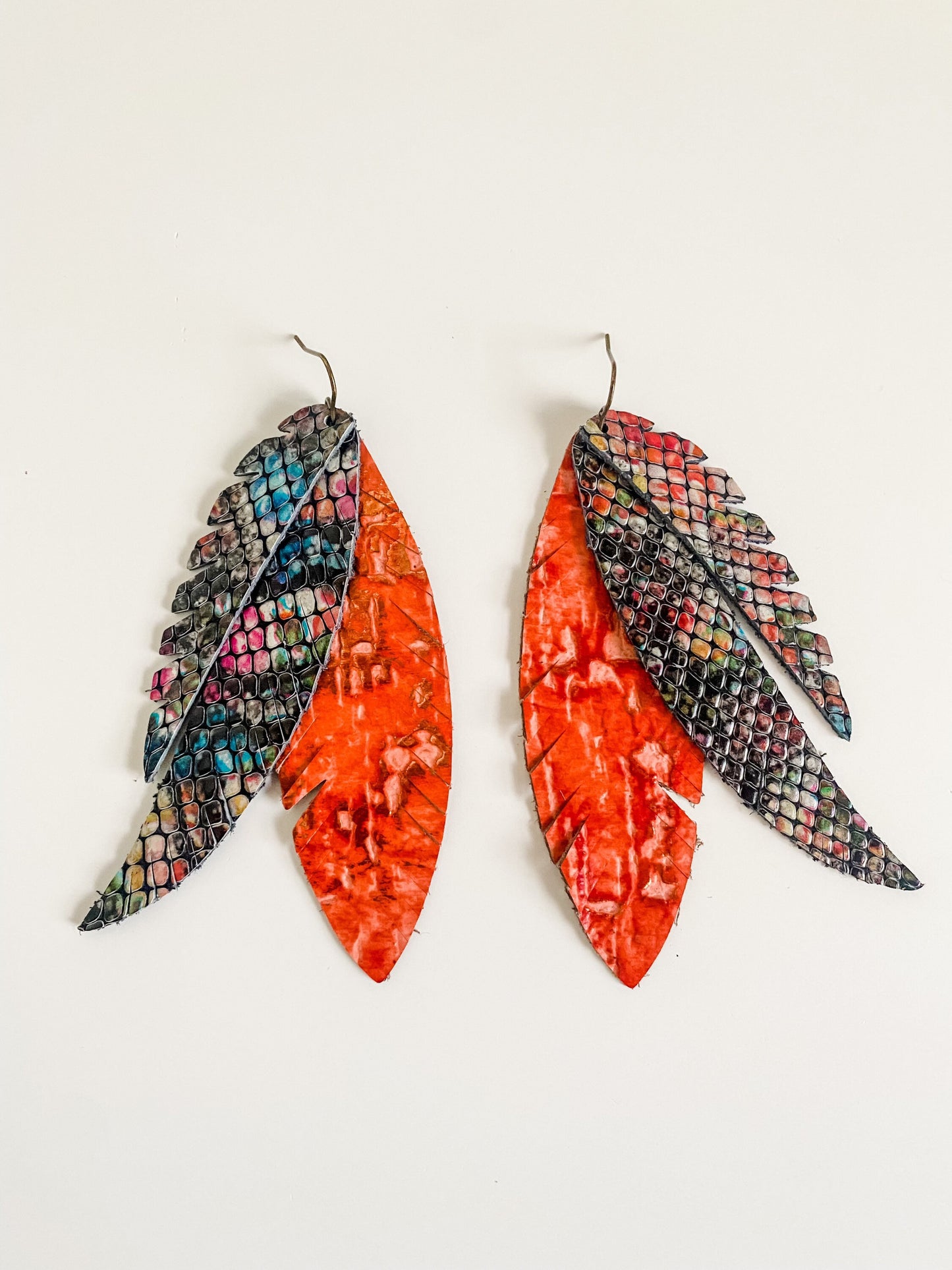 Leather Funky Feather Earrings, Vibrant Snake Print, Coral Wildwood Leather, Coastal Cowgirl Festival Jewelry, Boho Chic Western Earrings