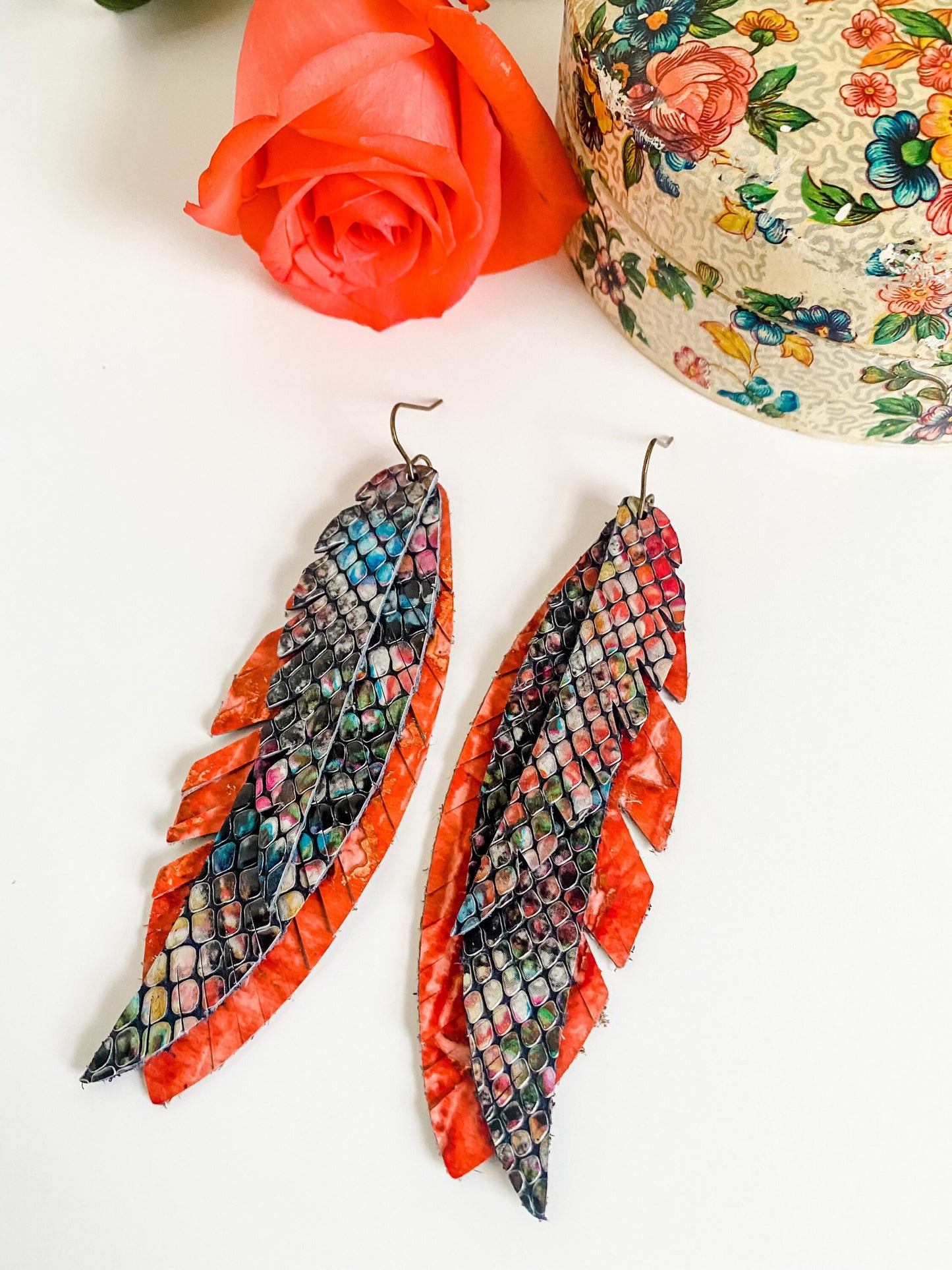 Leather Funky Feather Earrings, Vibrant Snake Print, Coral Wildwood Leather, Coastal Cowgirl Festival Jewelry, Boho Chic Western Earrings